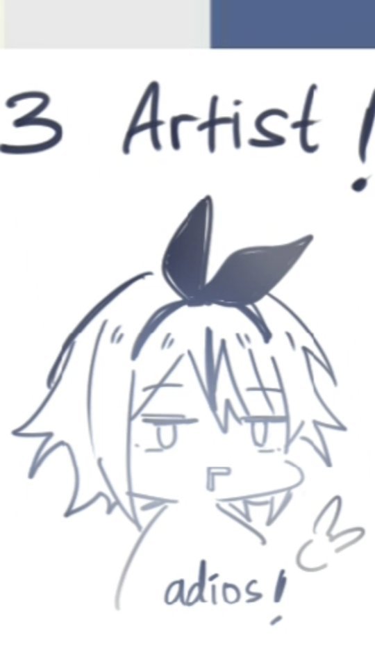 the image is a simple, handdrawn sketch or digital doodle of a chibistyle anime girl. she has short, slightly messy hair, a small bow in her hair, and a somewhat bored or unimpressed expression. the drawing style is loose and informal, with slightly uneven lines.  the text "3 artist!" is written at the top, and "adios!" is at the bottom, suggesting a farewell message or a signature.  the overall style is lighthearted and casual.