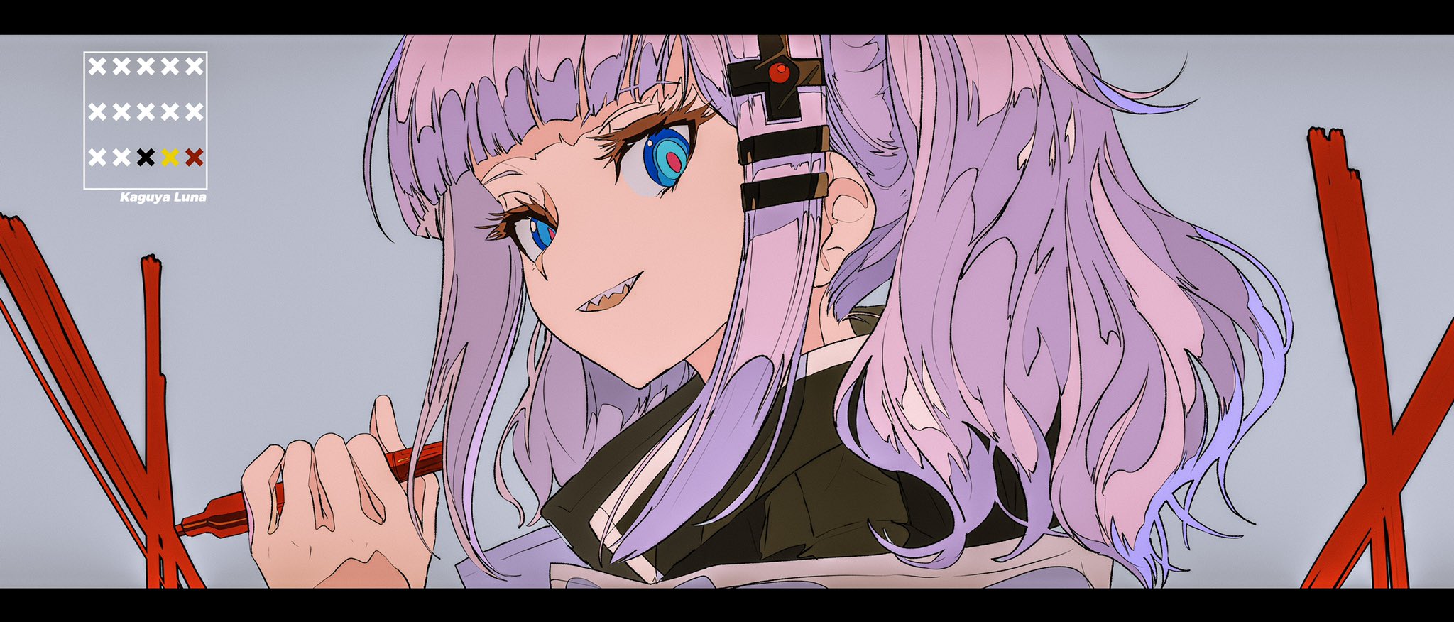 the image is a stylized digital drawing or illustration of an anime girl.  she has long, purplishpink hair, one blue and one light blue eye (heterochromia), and a sharptoothed grin. her expression is intense and captivating. she is holding a red marker, and red lines are visible in the background, possibly suggesting a design or drawing in progress. the art style is distinct, leaning towards a manga or anime aesthetic with vibrant colors and bold lines. a signature, "kaguya luna", is visible, crediting the artist. the overall mood is striking and visually appealing.