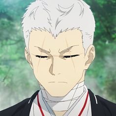 a closeup portrait of an anime character with short, spiky white hair. he has a serious, almost melancholic expression, with his eyes slightly closed. he bears prominent scars across his face and neck, which are partially covered by bandages. he wears a black and white outfit. the background is a blur of green foliage, suggesting an outdoor setting. the lighting is soft and diffused, creating a serene atmosphere.