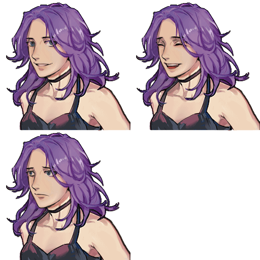 the image shows four different headshots of the same animestyle female character with long, wavy purple hair.  she is wearing a darkcolored, sleeveless top. each headshot displays a distinct facial expression: neutral, smiling, happy winking, and slightly sad.  the style is reminiscent of digital game character assets or ui elements. the background is transparent.