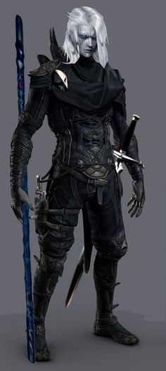 a digital painting of a male dark elf warrior standing against a neutral grey background. he has pale skin, long white hair, and piercing blue eyes. he is clad in dark, intricately detailed armor, and wields a sword on his hip and a long staff with a blue crystal at the top. his expression is serious and determined.