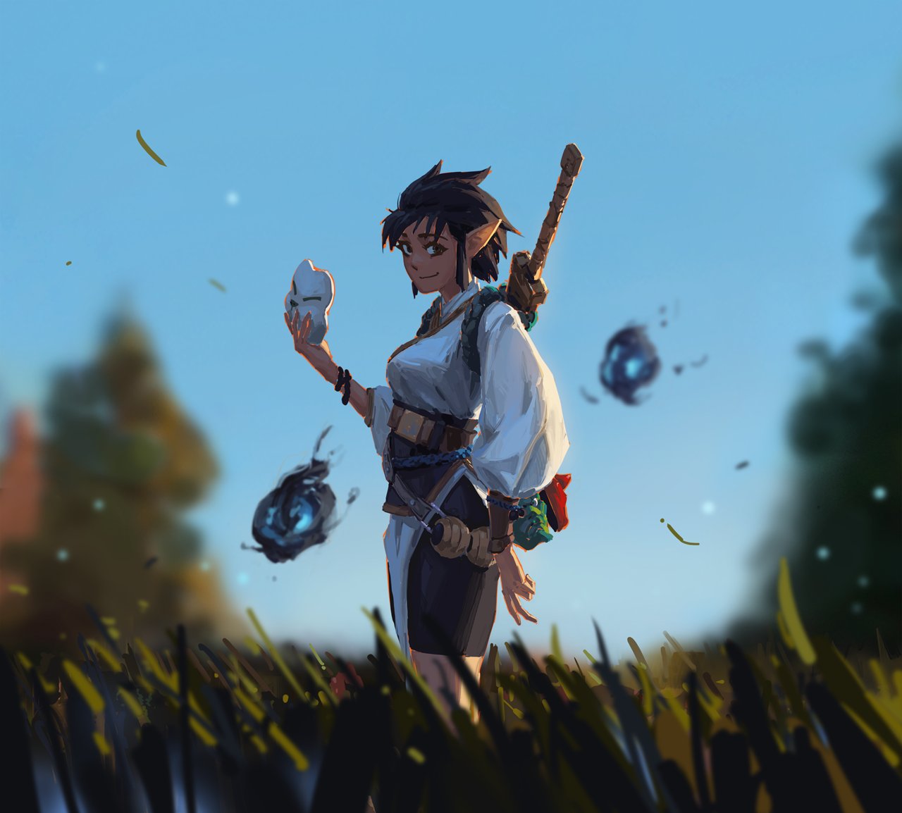 the artwork depicts a young animestyle female warrior standing in a grassy field under a clear blue sky. she has short dark hair, pointed ears suggestive of an elf, and is dressed in a lightcolored kimonostyle outfit with a dark underskirt. she holds a white mask in one hand and a sword strapped to her back.  the style is painterly and evocative, with soft lighting and a sense of calm and mystery. there are ethereal, glowing blue orbs floating in the air around her, adding to the fantasy element. the background is slightly blurred, focusing attention on the character.