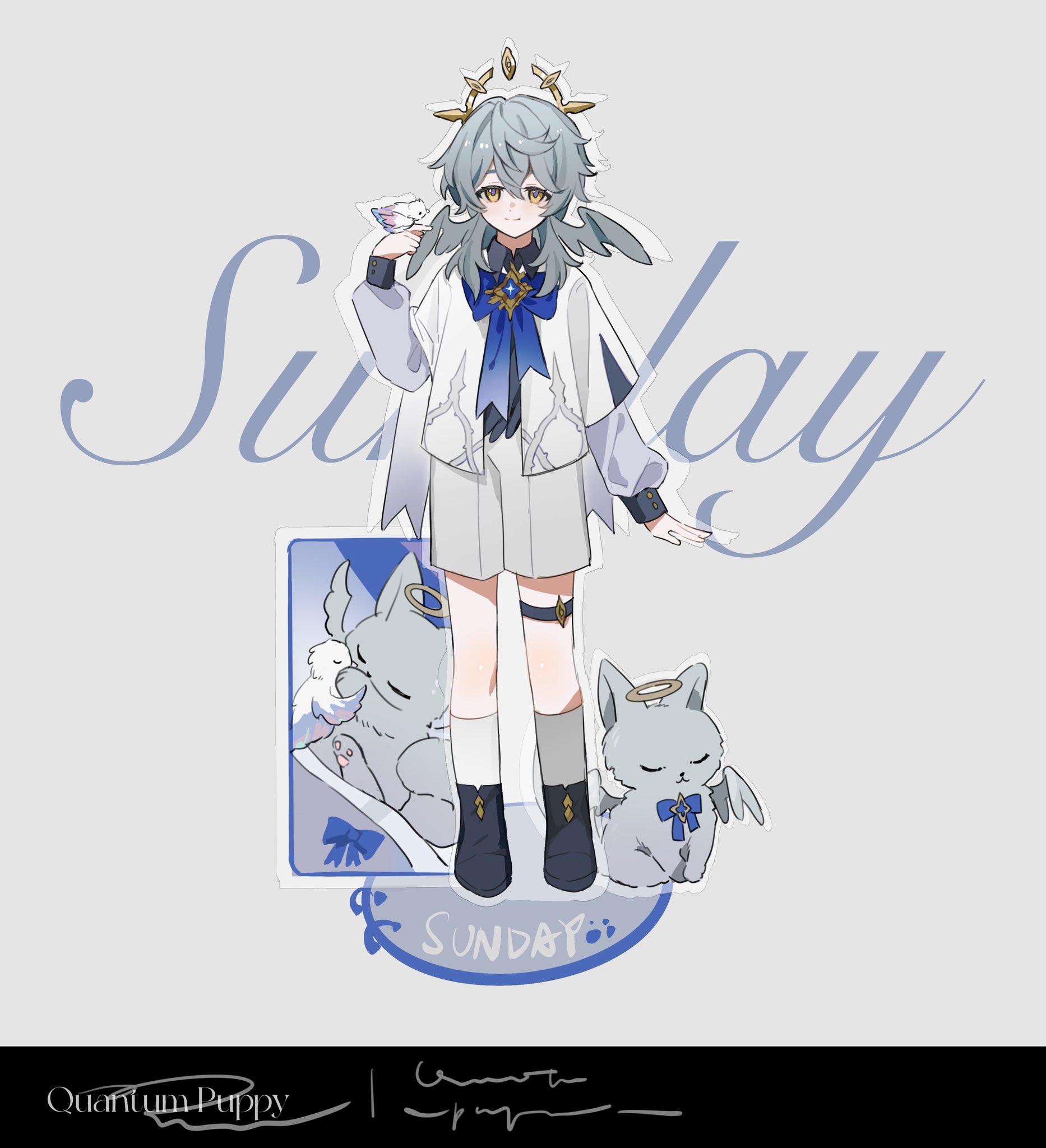 a digital illustration of an anime character from the game genshin impact. the character, albedo, is depicted as a cute boy with wings, a halo, and a blue bow. he is surrounded by two animals, a cat and a bird. the illustration is done in a colorful style with soft lighting. the text "sunday" and the character's name "albedo" are written in the bottom of the image.