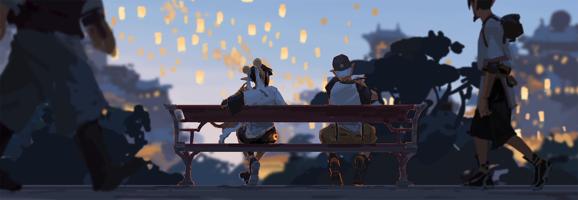 the image is a digital painting in an anime or fantasy style. it depicts two young adults sitting on a park bench in a bustling asianinspired cityscape at twilight.  hundreds of floating lanterns illuminate the sky, creating a magical and festive atmosphere. the characters are sitting peacefully, seemingly engrossed in their own thoughts or conversation. in the background, a person walks away, providing a sense of scale and depth. the art style is characterized by soft, painterly brushstrokes and muted colors, emphasizing a calm and serene mood. the overall impression is one of quiet contemplation within a vibrant and lively setting.