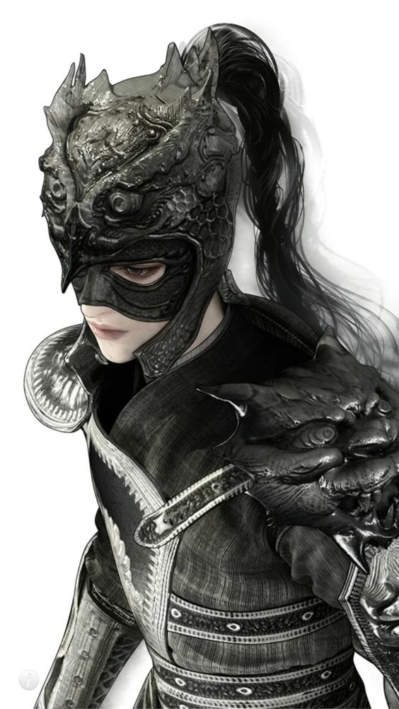 the image is a detailed digital illustration or 3d rendering of a female warrior. she is wearing a complex, dark grey/black suit of armor, most striking is the elaborate helmet that features dragonlike motifs. the helmet partially obscures her face, leaving only her eyes and mouth visible, and she also wears a dark mask that covers most of her lower face.  her long, dark hair is styled in a high ponytail. the armor has intricate details and what appears to be traditional asian influences in its design.  the overall aesthetic is dark, powerful, and somewhat elegant. the image is rendered in grayscale, creating a dramatic effect.