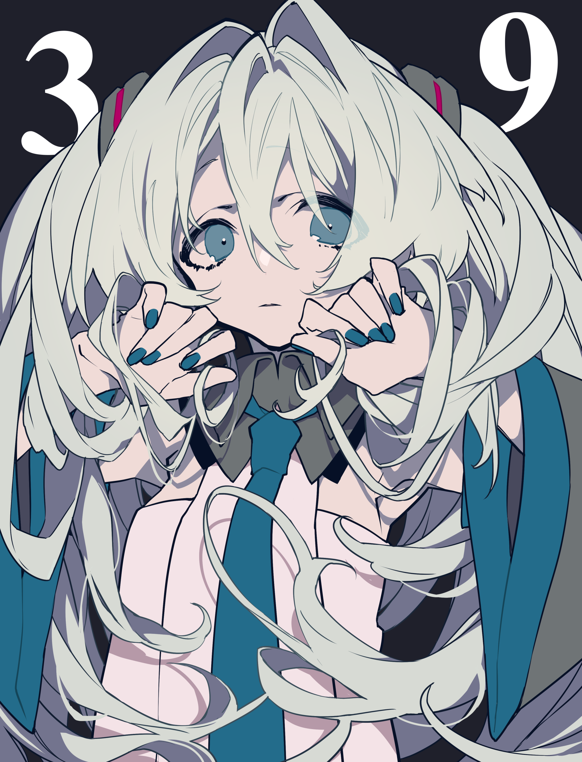 an illustration of an anime girl with light grey hair and blue eyes, wearing a uniform with a blue tie. the numbers 3 and 9 are positioned in the background. her hands are near her face. the style resembles digital art.