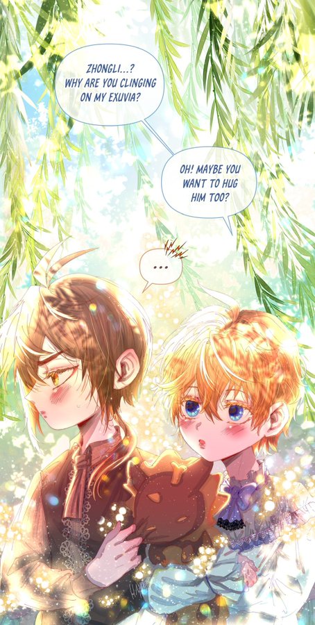 two boys are hugging each other in a magical forest setting. the boy in the brown hair is blushing. they are both wearing beautiful clothing.