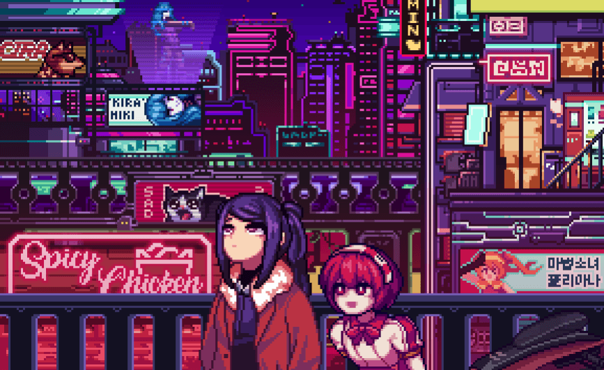 pixel art of a cyberpunk cityscape at night, featuring two animestyle women standing in the foreground. behind them are neon signs, buildings, and other urban elements. a cat is visible in the background. the overall aesthetic is futuristic and fantastical.