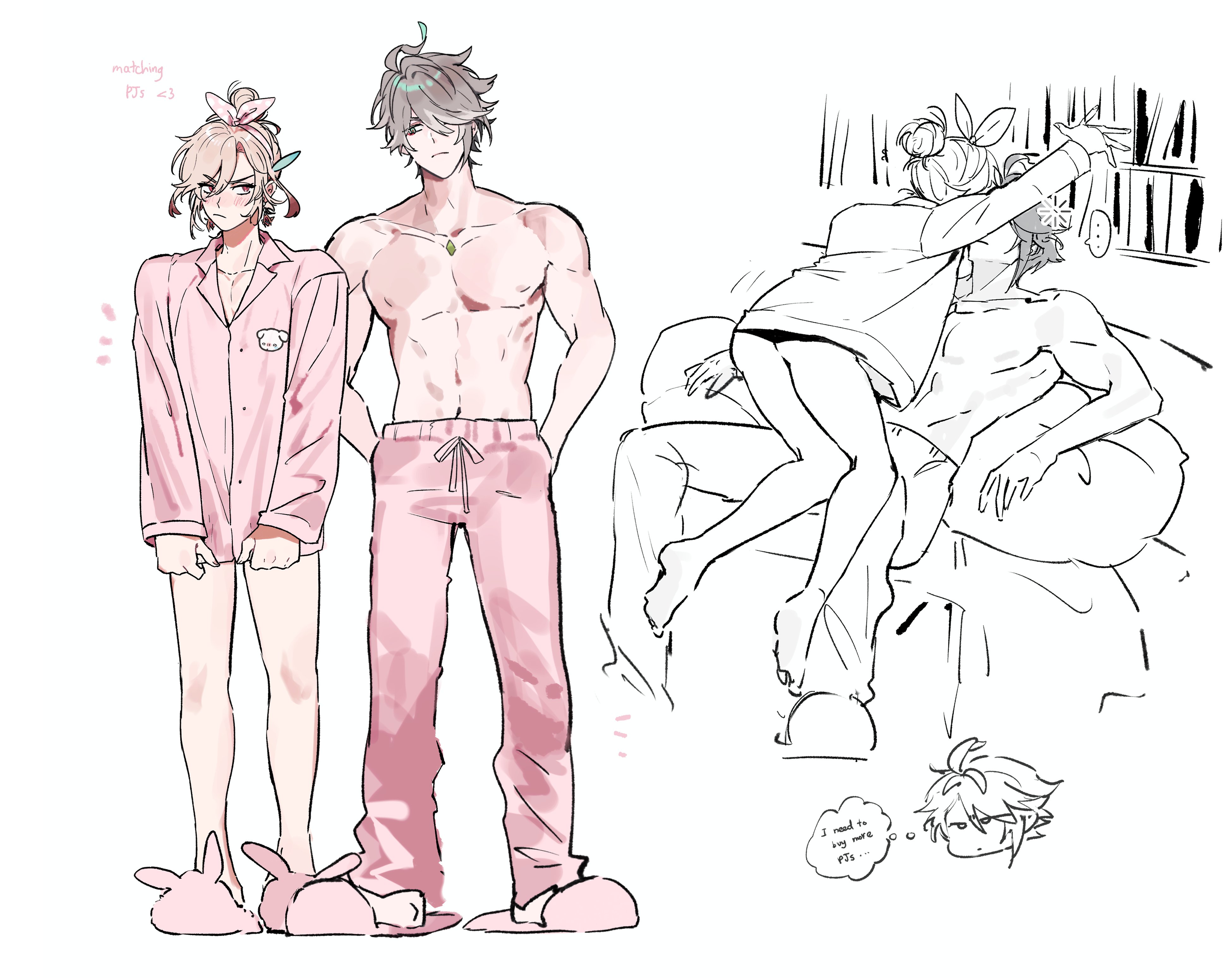 this is a cute drawing of a couple in pajamas. the boy is wearing pink pants and a white shirt, while the girl is wearing a pink top and white shorts. the couple is hugging and kissing each other on a bed. the drawing is very cute and romantic, and it is a great example of anime art.