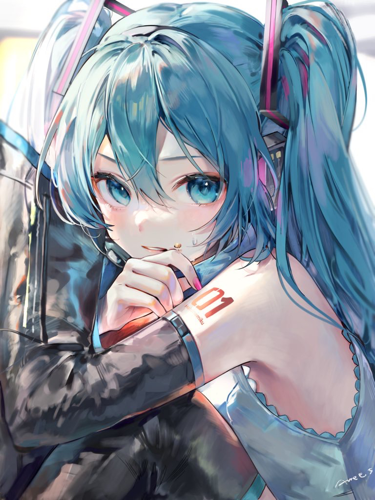 the image is a digital painting or illustration in an anime style, depicting a character strongly resembling hatsune miku. she has long, vibrant teal twintails with hints of pink in her hair accessories. she's wearing casual clothing, including a sleeveless top with scalloped edges and a dark jacket.  the character has a soft, almost pensive expression. a notable feature is a "01" tattoo on her arm. the art style is detailed, featuring soft, yet vibrant coloring and a focus on texture and light. the overall mood is gentle and dreamy.