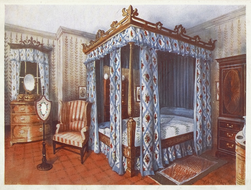 an illustration of a bedroom with a large canopy bed as the focal point. the bed has ornate wooden posts and a decorative canopy frame, draped with blue and white patterned fabric. to the left of the bed is a striped armchair and a dresser with a mirror and a shield on a stand. a window with curtains is visible in the background. to the right of the bed, there is a wardrobe and a small table. the room is decorated with patterned wallpaper and a rug on the floor. the overall style suggests a historical or antique setting.