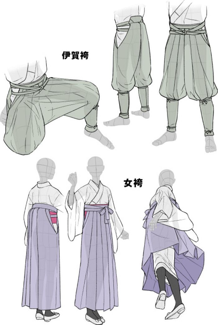 the image shows various styles of hakama, a traditional japanese form of clothing. the image is divided into three sections. the top section depicts a male wearing a hakama on the left and another male wearing a different style of hakama on the right.  the middle section has the words "男性" (male) written in japanese. the bottom section depicts two females wearing different styles of hakama on the left and right, respectively. the word "女性" (female) is written in japanese in the middle of this section. the image uses simple lines and outlines to create a visual representation of the different styles of hakama.