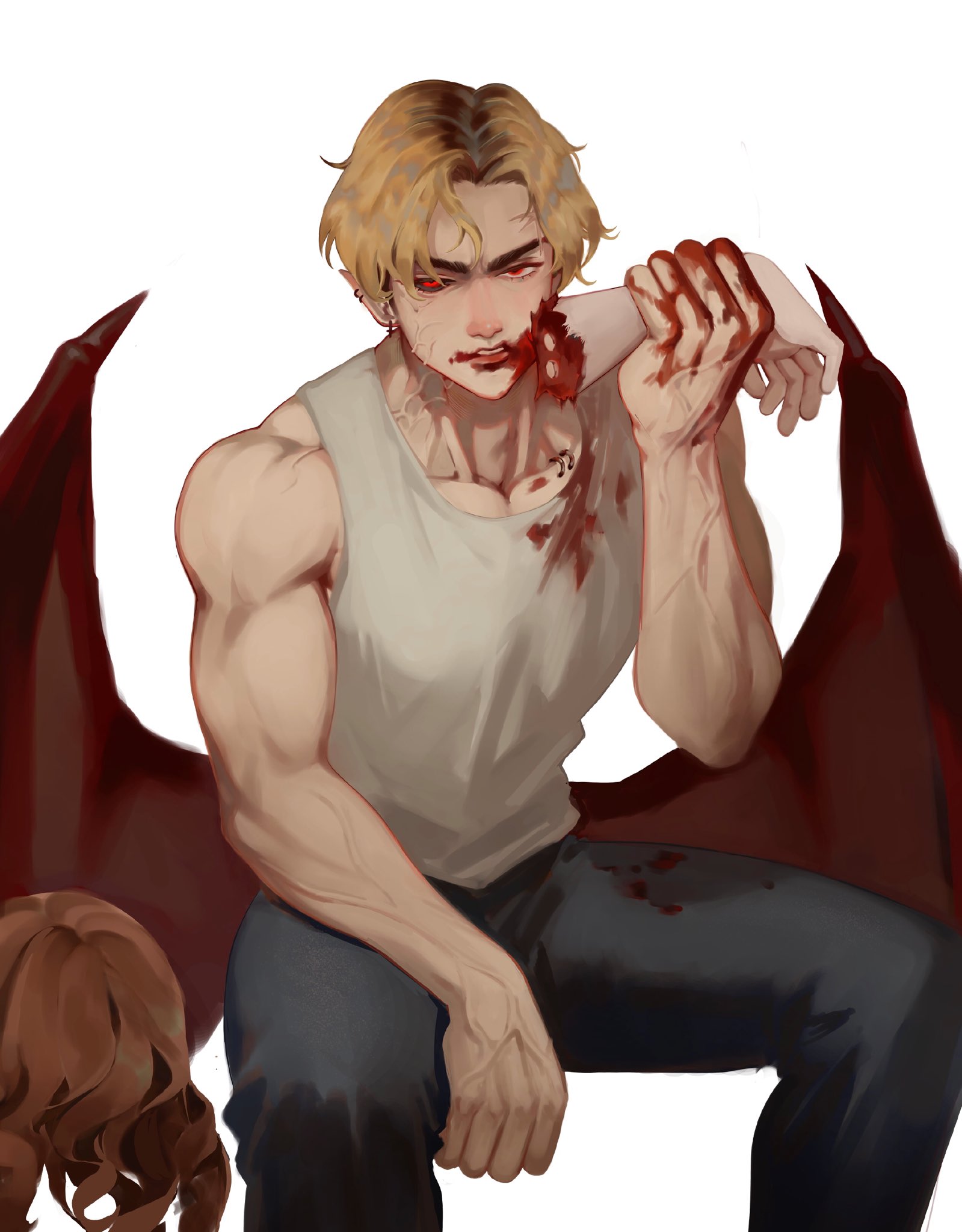 this is a digital illustration of a vampire with wings. he is covered in blood and holding a piece of a ripped human arm in his mouth. he has a fierce expression and is looking directly at the viewer. the background is a dark red and black color.