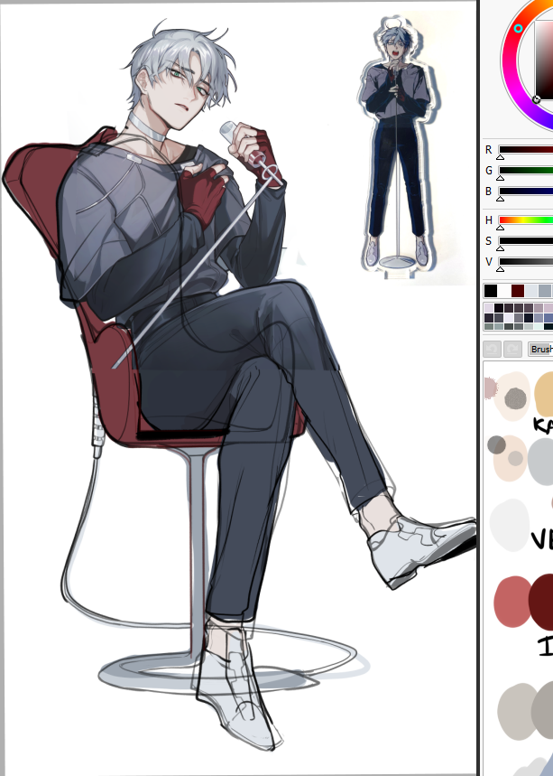 this is a digital drawing of an anime boy sitting in a chair, wearing a grey shirt, black pants, and white shoes. he is singing with a microphone. the drawing is in a sketched style, with the lines of the figure being visible. the colors are muted and subtle.