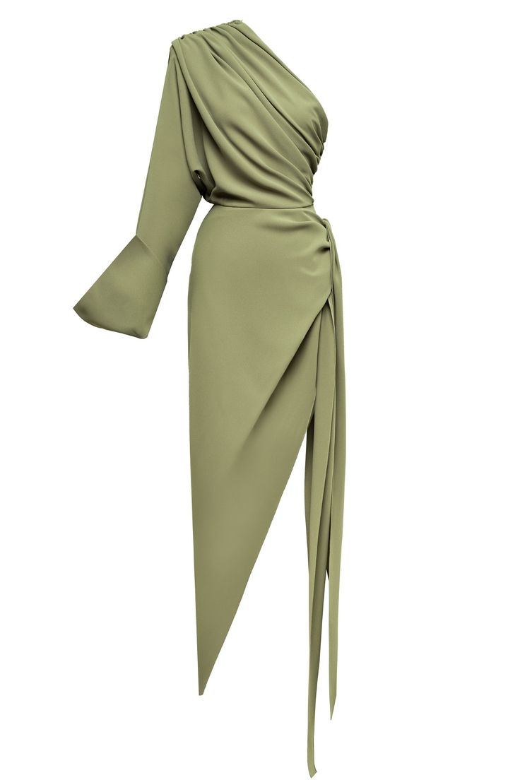 a green oneshoulder dress with a draped bodice and a wrap skirt. the dress has a long sleeve on one side and a tie at the waist. the skirt is asymmetrical and falls to a point. the dress is made of a flowing fabric and has an elegant and sophisticated look.