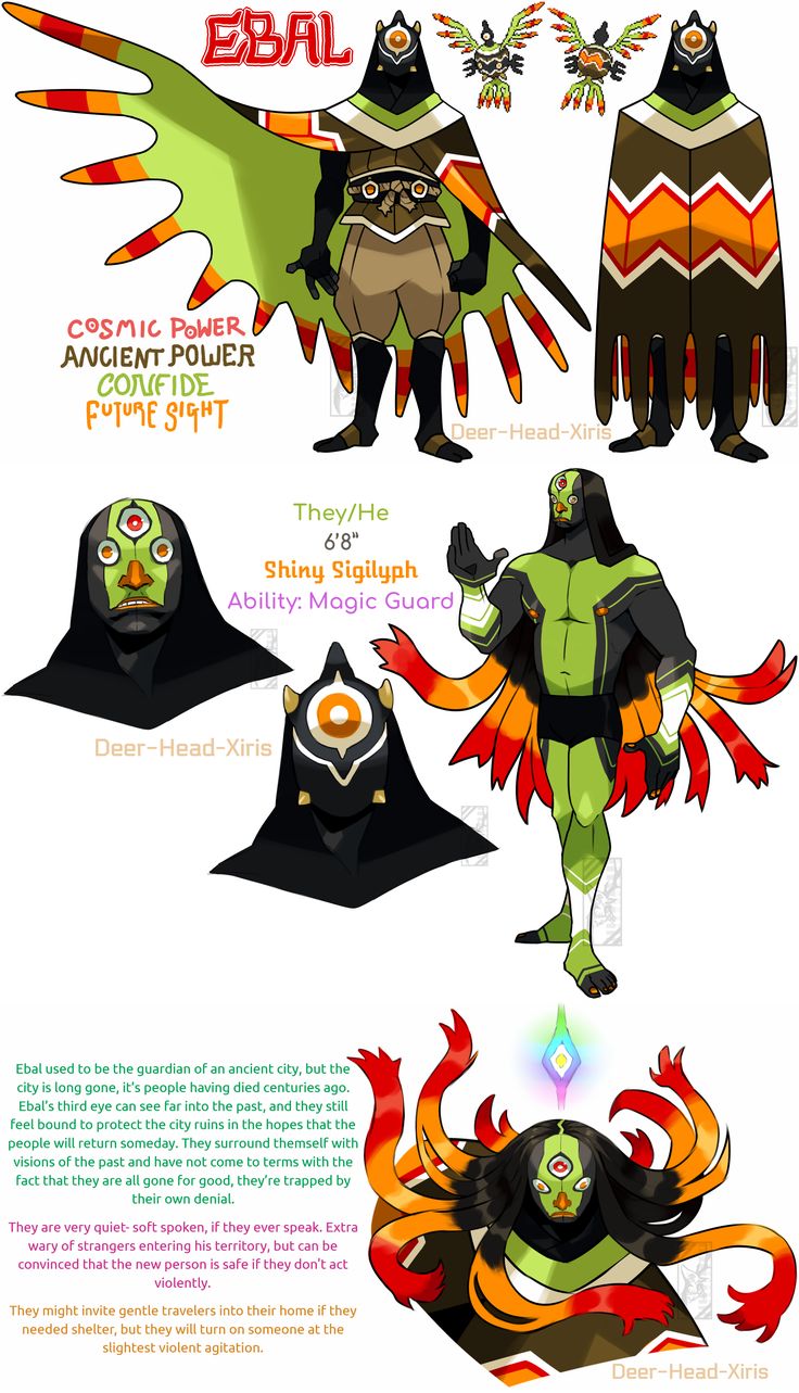 the image is a character design sheet for "ebal," a shiny sigilyphlike creature.  the sheet includes multiple views of ebal in different poses,  a description of their abilities and personality, and background information. ebal is depicted as a protector of a lost ancient city, possessing powers of cosmic and ancient energy,  confiding in the future, and having magical guard abilities.  their third eye enables them to see into the past, creating a bond with the city's history. the design showcases the creature's appearance, with various details of clothing and features. the accompanying text explains their personality, their quiet nature, and their wariness of strangers yet capacity for kindness. the overall style is a vibrant mix of fantasy and mythical elements.