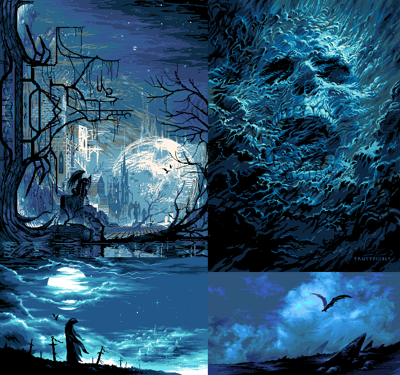 the image is a collage composed of four distinct pixel art pieces, all sharing a dark, moody, and fantastical aesthetic.  the style is reminiscent of dark fantasy or gothic art. top left: depicts a gothic cityscape under a large moon, with a cloaked figure sitting on a ledge overlooking the scene.  trees and a skeletal structure dominate the foreground. top right: features a closeup of a monstrous, skulllike face emerging from a swirling mass, perhaps representing a dark entity or a landscape with monstrous form. bottom left: shows a lone figure in a long robe standing in a graveyard under a moonlit sky, evoking a sense of solitude and melancholy. bottom right: presents a nighttime sky with a silhouette of a dragon (or similar creature) flying across it.  a rocky or mountainous landscape is visible in the distance.all four panels share a consistent color palette dominated by shades of blue, creating a unified, cold, and slightly unsettling mood.  the artist's signature "trustpixels" is visible in a couple of the panels.