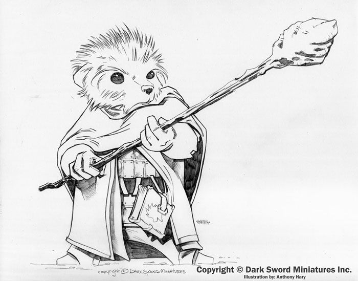a black and white illustration shows an anthromorphic hedgehog character dressed as a wizard. the hedgehog has spiky fur and big eyes. it wears a robe over armor, and a spellbook hangs from its belt. the character holds a long staff with a rock formation at the top. the illustration includes the copyright information for dark sword miniatures.