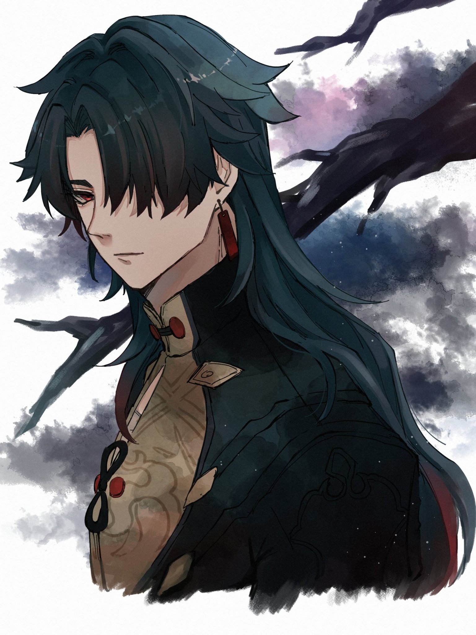 this digital art illustration shows an anime male character with long black hair, black eyes, and wearing a black and gold outfit. he is wearing two red earrings and his hair is partially covering his face. he is looking to the side, and the background is a dark, cloudy sky with a branch of a tree extending from behind his head.