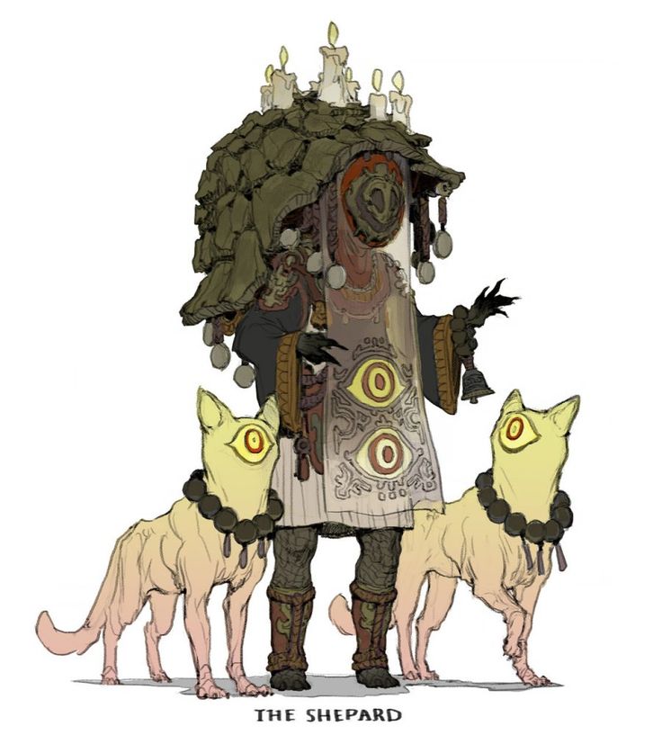 this is a digital illustration of an otherworldly humanoid creature with an animallike head. they appear to be dressed in a robe made of a fabric with eyes. the creature is holding what appears to be a bell. two doglike creatures are at the sides of this being. there are candles and what appears to be an altar above the creature's head.