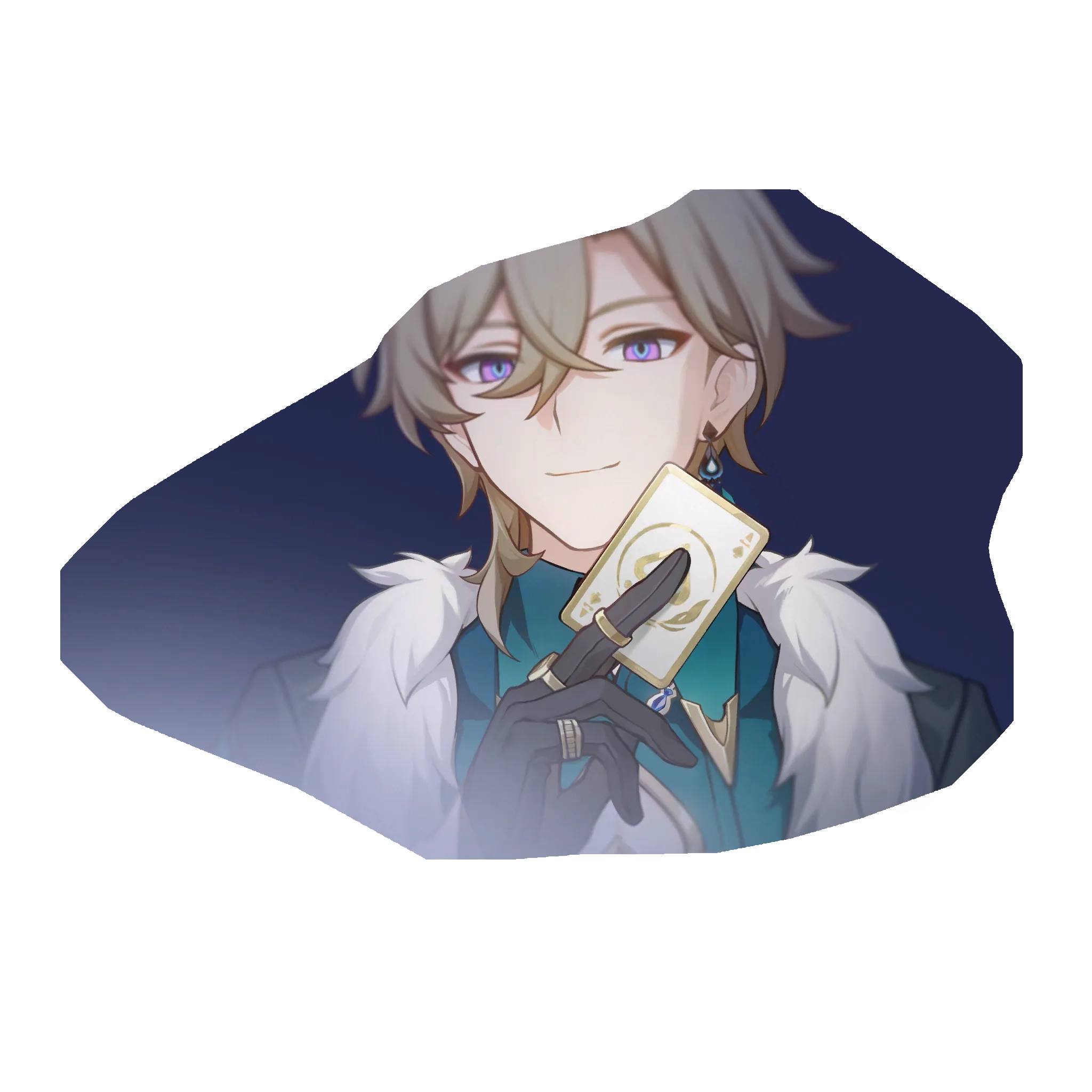 a closeup digital fanart of scaramouche from genshin impact. he is depicted with a sly smile, holding a golden playing card with a circular design. he has long blonde hair, purple eyes, and is wearing an elegant teal and gold outfit with a white fur trim. the background is dark, adding to the mysterious atmosphere.