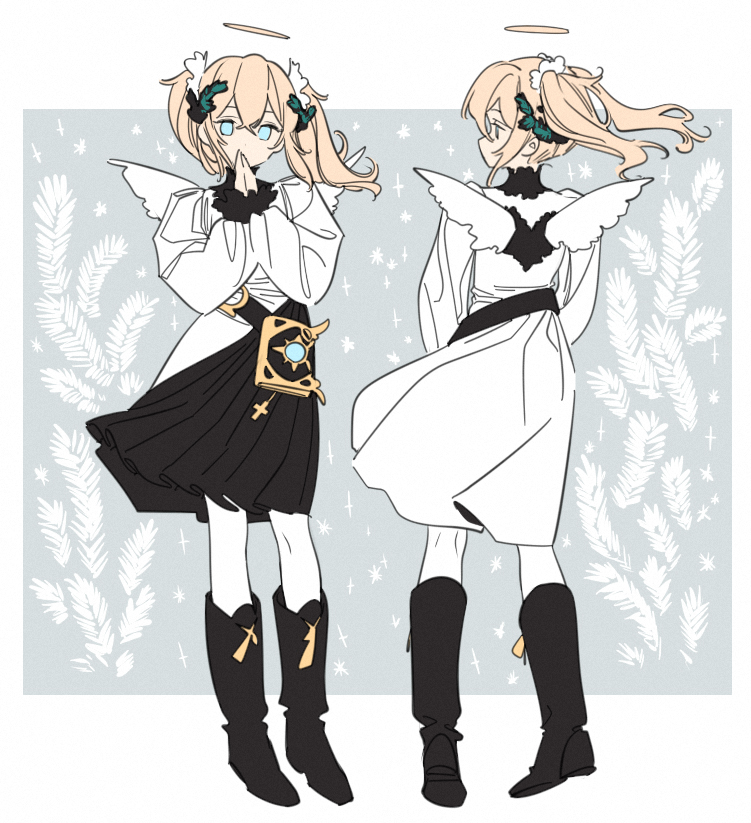 the image showcases a digital sketch of a young, angelthemed character in two poses: front and back. she has long, flowing blonde hair styled in twintails adorned with dark bows, large white feathery wings, and a simple halo. her outfit consists of a white tuniclike top, a black skirt with gold accents, a belt with a decorative pouch, and kneehigh boots. the background is a pale bluegrey with stylized white branches reminiscent of winter or a snowy setting.  the overall style is soft and delicate.