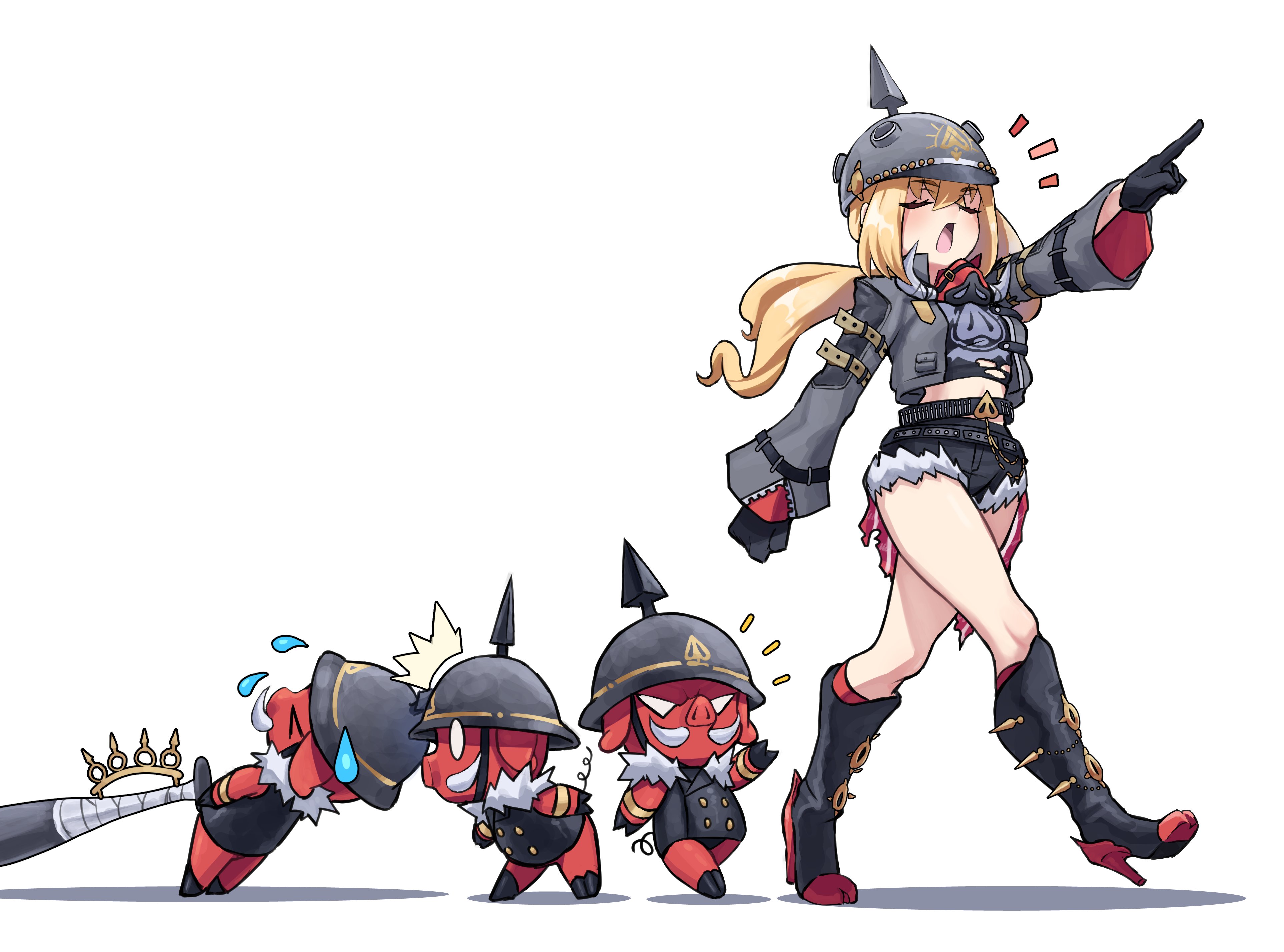 a cute anime girl in a black soldier outfit walks forward with her pig soldiers following behind her. she wears a black helmet with a gold triangle and a black jacket with a black belt with a gold triangle buckle.  the pig soldiers are red with black outfits and black helmets with gold triangles on them. the girl is waving her right hand forward with her left hand holding the pig soldiers. the pig soldiers are walking with their heads down looking down. the girl is smiling and seems happy. the background is a white background. the girl is wearing black boots with gold detail and black leggings with a black belt. the girl is holding a stick with a crown on the end of it. the pig soldiers are holding a small stick in their hands with a crown on the end of it. the pig soldiers have a blue tear coming out of their eyes. the girl has blonde hair that goes to her shoulders and is wearing a black bandana with a gold triangle on the front. the girl is wearing a white shirt with a red tie and a red ribbon on the front. the girl has a black belt with a gold triangle buckle. the girl is wearing black leggings. the girl is wearing black boots with gold detail. the girl is wearing a black bandana with a gold triangle on the front. the girl is wearing a white shirt with a red tie and a red ribbon on the front. the girl has a black belt with a gold triangle buckle. the girl is wearing black leggings. the girl is wearing black boots with gold detail. the girl is wearing a black bandana with a gold triangle on the front. the girl is wearing a white shirt with a red tie and a red ribbon on the front. the girl has a black belt with a gold triangle buckle. the girl is wearing black leggings. the girl is wearing black boots with gold detail. the girl is wearing a black bandana with a gold triangle on the front. the girl is wearing a white shirt with a red tie and a red ribbon on the front. the girl has a black belt with a gold triangle buckle. the girl is wearing black leggings. the girl is wearing black boots with gold detail. the girl is wearing a black bandana with a gold triangle on the front. the girl is wearing a white shirt with a red tie and a red ribbon on the front. the girl has a black belt with a gold triangle buckle. the girl is wearing black leggings. the girl is wearing black boots with gold detail. the girl is wearing a black bandana with a gold triangle on the front. the girl is wearing a white shirt with a red tie and a red ribbon on the front. the girl has a black belt with a gold triangle buckle. the girl is wearing black leggings. the girl is wearing black boots with gold detail. the girl is wearing a black bandana with a gold triangle on the front. the girl is wearing a white shirt with a red tie and a red ribbon on the front. the girl has a black belt with a gold triangle buckle. the girl is wearing black leggings. the girl is wearing black boots with gold detail. the girl is wearing a black bandana with a gold triangle on the front. the girl is wearing a white shirt with a red tie and a red ribbon on the front. the girl has a black belt with a gold triangle buckle. the girl is wearing black leggings. the girl is wearing black boots with gold detail. the girl is wearing a black bandana with a gold triangle on the front. the girl is wearing a white shirt with a red tie and a red ribbon on the front. the girl has a black belt with a gold triangle buckle. the girl is wearing black leggings. the girl is wearing black boots with gold detail. the girl is wearing a black bandana with a gold triangle on the front. the girl is wearing a white shirt with a red tie and a red ribbon on the front. the girl has a black belt with a gold triangle buckle. the girl is wearing black leggings. the girl is wearing black boots with gold detail. the girl is wearing a black bandana with a gold triangle on the front. the girl is wearing a white shirt with a red tie and a red ribbon on the front. the girl has a black belt with a gold triangle buckle. the girl is wearing black leggings. the girl is wearing black boots with gold detail. the girl is wearing a black bandana with a gold triangle on the front. the girl is wearing a white shirt with a red tie and a red ribbon on the front. the girl has a black belt with a gold triangle buckle. the girl is wearing black leggings. the girl is wearing black boots with gold detail. the girl is wearing a black bandana with a gold triangle on the front. the girl is wearing a white shirt with a red tie and a red ribbon on the front. the girl has a black belt with a gold triangle buckle. the girl is wearing black leggings. the girl is wearing black boots with gold detail. the girl is wearing a black bandana with a gold triangle on the front. the girl is wearing a white shirt with a red tie and a red ribbon on the front. the girl has a black belt with a gold triangle buckle. the girl is wearing black leggings. the girl is wearing black boots with gold detail. the girl is wearing a black bandana with a gold triangle on the front. the girl is wearing a white shirt with a red tie and a red ribbon on the front. the girl has a black belt with a gold triangle buckle. the girl is wearing black leggings. the girl is wearing black boots with gold detail. the girl is wearing a black bandana with a gold triangle on the front. the girl is wearing a white shirt with a red tie and a red ribbon on the front. the girl has a black belt with a gold triangle buckle. the girl is wearing black leggings. the girl is wearing black boots with gold detail. the girl is wearing a black bandana with a gold triangle on the front. the girl is wearing a white shirt with a red tie and a red ribbon on the front. the girl has a black belt with a gold triangle buckle. the girl is wearing black leggings. the girl is wearing black boots with gold detail. the girl is wearing a black bandana with a gold triangle on the front. the girl is wearing a white shirt with a red tie and a red ribbon on the front. the girl has a black belt with a gold triangle buckle. the girl is wearing black leggings. the girl is wearing black boots with gold detail. the girl is wearing a black bandana with a gold triangle on the front. the girl is wearing a white shirt with a red tie and a red ribbon on the front. the girl has a black belt with a gold triangle buckle. the girl is wearing black leggings. the girl is wearing black boots with gold detail. the girl is wearing a black bandana with a gold triangle on the front. the girl is wearing a white shirt with a red tie and a red ribbon on the front. the girl has a black belt with a gold triangle buckle. the girl is wearing black leggings. the girl is wearing black boots with gold detail. the girl is wearing a black bandana with a gold triangle on the front. the girl is wearing a white shirt with a red tie and a red ribbon on the front. the girl has a black belt with a gold triangle buckle. the girl is wearing black leggings. the girl is wearing black boots with gold detail. the girl is wearing a black bandana with a gold triangle on the front. the girl is wearing a white shirt with a red tie and a red ribbon on the front. the girl has a black belt with a gold triangle buckle. the girl is wearing black leggings. the girl is wearing black boots with gold detail. the girl is wearing a black bandana with a gold triangle on the front. the girl is wearing a white shirt with a red tie and a red ribbon on the front. the girl has a black belt with a gold triangle buckle. the girl is wearing black leggings. the girl is wearing black boots with gold detail. the girl is wearing a black bandana with a gold triangle on the front. the girl is wearing a white shirt with a red tie and a red ribbon on the front. the girl has a black belt with a gold triangle buckle. the girl is wearing black leggings. the girl is wearing black boots with gold detail. the girl is wearing a black bandana with a gold triangle on the front. the girl is wearing a white shirt with a red tie and a red ribbon on the front. the girl has a black belt with a gold triangle buckle. the girl is wearing black leggings. the girl is wearing black boots with gold detail. the girl is wearing a black bandana with a gold triangle on the front. the girl is wearing a white shirt with a red tie and a red ribbon on the front. the girl has a black belt with a gold triangle buckle. the girl is wearing black leggings. the girl is wearing black boots with gold detail. the girl is wearing a black bandana with a gold triangle on the front. the girl is wearing a white shirt with a red tie and a red ribbon on the front. the girl has a black belt with a gold triangle buckle. the girl is wearing black leggings. the girl is wearing black boots with gold detail. the girl is wearing a black bandana with a gold triangle on the front. the girl is wearing a white shirt with a red tie and a red ribbon on the front. the girl has a black belt with a gold triangle buckle. the girl is wearing black leggings. the girl is wearing black boots with gold detail. the girl is wearing a black bandana with a gold triangle on the front. the girl is wearing a white shirt with a red tie and a red ribbon on the front. the girl has a black belt with a gold triangle buckle. the girl is wearing black leggings. the girl is wearing black boots with gold detail. the girl is wearing a black bandana with a gold triangle on the front. the girl is wearing a white shirt with a red tie and a red ribbon on the front. the girl has a black belt with a gold triangle buckle. the girl is wearing black leggings. the girl is wearing black boots with gold detail. the girl is wearing a black bandana with a gold triangle on the front. the girl is wearing a white shirt with a red tie and a red ribbon on the front. the girl has a black belt with a gold triangle buckle. the girl is wearing black leggings. the girl is wearing black boots with gold detail. the girl is wearing a black bandana with a gold triangle on the front. the girl is wearing a white shirt with a red tie and a red ribbon on the front. the girl has a black belt with a gold triangle buckle. the girl is wearing black leggings. the girl is wearing black boots with gold detail. the girl is wearing a black bandana with a gold triangle on the front. the girl is wearing a white shirt with a red tie and a red ribbon on the front. the girl has a black belt with a gold triangle buckle. the girl is wearing black leggings. the girl is wearing black boots with gold detail. the girl is wearing a black bandana with a gold triangle on the front. the girl is wearing a white shirt with a red tie and a red ribbon on the front. the girl has a black belt with a gold triangle buckle. the girl is wearing black leggings. the girl is wearing black boots with gold detail. the girl is wearing a black bandana with a gold triangle on the front. the girl is wearing a white shirt with a red tie and a red ribbon on the front. the girl has a black belt with a gold triangle buckle. the girl is wearing black leggings. the girl is wearing black boots with gold detail. the girl is wearing a black bandana with a gold triangle on the front. the girl is wearing a white shirt with a red tie and a red ribbon on the front. the girl has a black belt with a gold triangle buckle. the girl is wearing black leggings. the girl is wearing black boots with gold detail. the girl is wearing a black bandana with a gold triangle on the front. the girl is wearing a white shirt with a red tie and a red ribbon on the front. the girl has a black belt with a gold triangle buckle. the girl is wearing black leggings. the girl is wearing black boots with gold detail. the girl is wearing a black bandana with a gold triangle on the front. the girl is wearing a white shirt with a red tie and a red ribbon on the front. the girl has a black belt with a gold triangle buckle. the girl is wearing black leggings. the girl is wearing black boots with gold detail. the girl is wearing a black bandana with a gold triangle on the front. the girl is wearing a white shirt with a red tie and a red ribbon on the front. the girl has a black belt with a gold triangle buckle. the girl is wearing black leggings. the girl is wearing black boots with gold detail. the girl is wearing a black bandana with a gold triangle on the front. the girl is wearing a white shirt with a red tie and a red ribbon on the front. the girl has a black belt with a gold triangle buckle. the girl is wearing black leggings. the girl is wearing black boots with gold detail. the girl is wearing a black bandana with a gold triangle on the front. the girl is wearing a white shirt with a red tie and a red ribbon on the front. the girl has a black belt with a gold triangle buckle. the girl is wearing black leggings. the girl is wearing black boots with gold detail. the girl is wearing a black bandana with a gold triangle on the front. the girl is wearing a white shirt with a red tie and a red ribbon on the front. the girl has a black belt with a gold triangle buckle. the girl is wearing black leggings. the girl is wearing black boots with gold detail. the girl is wearing a black bandana with a gold triangle on the front. the girl is wearing a white shirt with a red tie and a red ribbon on the front. the girl has a black belt with a gold triangle buckle. the girl is wearing black leggings. the girl is wearing black boots with gold detail. the girl is wearing a black bandana with a gold triangle on the front. the girl is wearing a white shirt with a red tie and a red ribbon on the front. the girl has a black belt with a gold triangle buckle. the girl is wearing black leggings. the girl is wearing black boots with gold detail. the girl is wearing a black bandana with a gold triangle on the front. the girl is wearing a white shirt with a red tie and a red ribbon on the front. the girl has a black belt with a gold triangle buckle. the girl is wearing black leggings. the girl is wearing black boots with gold detail. the girl is wearing a black bandana with a gold triangle on the front. the girl is wearing a white shirt with a red tie and a red ribbon on the front. the girl has a black belt with a gold triangle buckle. the girl is wearing black leggings. the girl is wearing black boots with gold detail. the girl is wearing a black bandana with a gold triangle on the front. the girl is wearing a white shirt with a red tie and a red ribbon on the front. the girl has a black belt with a gold triangle buckle. the girl is wearing black leggings. the girl is wearing black boots with gold detail. the girl is wearing a black bandana with a gold triangle on the front. the girl is wearing a white shirt with a red tie and a red ribbon on the front. the girl has a black belt with a gold triangle buckle. the girl is wearing black leggings. the girl is wearing black boots with gold detail. the girl is wearing a black bandana with a gold triangle on the front. the girl is wearing a white shirt with a red tie and a red ribbon on the front. the girl has a black belt with a gold triangle buckle. the girl is wearing black leggings. the girl is wearing black boots with gold detail. the girl is wearing a black bandana with a gold triangle on the front. the girl is wearing a white shirt with a red tie and a red ribbon on the front. the girl has a black belt with a gold triangle buckle. the girl is wearing black leggings. the girl is wearing black boots with gold detail. the girl is wearing a black bandana with a gold triangle on the front. the girl is wearing a white shirt with a red tie and a red ribbon on the front. the girl has a black belt with a gold triangle buckle. the girl is wearing black leggings. the girl is wearing black boots with gold detail. the girl is wearing a black bandana with a gold triangle on the front. the girl is wearing a white shirt with a red tie and a red ribbon on the front. the girl has a black belt with a gold triangle buckle. the girl is wearing black leggings. the girl is wearing black boots with gold detail. the girl is wearing a black bandana with a gold triangle on the front. the girl is wearing a white shirt with a red tie and a red ribbon on the front. the girl has a black belt with a gold triangle buckle. the girl is wearing black leggings. the girl is wearing black boots with gold detail. the girl is wearing a black bandana with a gold triangle on the front. the girl is wearing a white shirt with a red tie and a red ribbon on the front. the girl has a black belt with a gold triangle buckle. the girl is wearing black leggings. the girl is wearing black boots with gold detail. the girl is wearing a black bandana with a gold triangle on the front. the girl is wearing a white shirt with a red tie and a red ribbon on the front. the girl has a black belt with a gold triangle buckle. the girl is wearing black leggings. the girl is wearing black boots with gold detail. the girl is wearing a black bandana with a gold triangle on the front. the girl is wearing a white shirt with a red tie and a red ribbon on the front. the girl has a black belt with a gold triangle buckle. the girl is wearing black leggings. the girl is wearing black boots with gold detail. the girl is wearing a black bandana with a gold triangle on the front. the girl is wearing a white shirt with a red tie and a red ribbon on the front. the girl has a black belt with a gold triangle buckle. the girl is wearing black leggings. the girl is wearing black boots with gold detail. the girl is wearing a black bandana with a gold triangle on the front. the girl is wearing a white shirt with a red tie and a red ribbon on the front. the girl has a black belt with a gold triangle buckle. the girl is wearing black leggings. the girl is wearing black boots with gold detail. the girl is wearing a black bandana with a gold triangle on the front. the girl is wearing a white shirt with a red tie and a red ribbon on the front. the girl has a black belt with a gold triangle buckle. the girl is wearing black leggings. the girl is wearing black boots with gold detail. the girl is wearing a black bandana with a gold triangle on the front. the girl is wearing a white shirt with a red tie and a red ribbon on the front. the girl has a black belt with a gold triangle buckle. the girl is wearing black leggings. the girl is wearing black boots with gold detail. the girl is wearing a black bandana with a gold triangle on the front. the girl is wearing a white shirt with a red tie and a red ribbon on the front. the girl has a black belt with a gold triangle buckle. the girl is wearing black leggings. the girl is wearing black boots with gold detail. the girl is wearing a black bandana with a gold triangle on the front. the girl is wearing a white shirt with a red tie and a red ribbon on the front. the girl has a black belt with a gold triangle buckle. the girl is wearing black leggings. the girl is wearing black boots with gold detail. the girl is wearing a black bandana with a gold triangle on the front. the girl is wearing a white shirt with a red tie and a red ribbon on the front. the girl has a black belt with a gold triangle buckle. the girl is wearing black leggings. the girl is wearing black boots with gold detail. the girl is wearing a black bandana with a gold triangle on the front. the girl is wearing a white shirt with a red tie and a red ribbon on the front. the girl has a black belt with a gold triangle buckle. the girl is wearing black leggings. the girl is wearing black boots with gold detail. the girl is wearing a black bandana with a gold triangle on the front. the girl is wearing a white shirt with a red tie and a red ribbon on the front. the girl has a black belt with a gold triangle buckle. the girl is wearing black leggings. the girl is wearing black boots with gold detail. the girl is wearing a black bandana with a gold triangle on the front. the girl is wearing a white shirt with a red tie and a red ribbon on the front. the girl has a black belt with a gold triangle buckle. the girl is wearing black leggings. the girl is wearing black boots with gold detail. the girl is wearing a black bandana with a gold triangle on the front. the girl is wearing a white shirt with a red tie and a red ribbon on the front. the girl has a black belt with a gold triangle buckle. the girl is wearing black leggings. the girl is wearing black boots with gold detail. the girl is wearing a black bandana with a gold triangle on the front. the girl is wearing a white shirt with a red tie and a red ribbon on the front. the girl has a black belt with a gold triangle buckle. the girl is wearing black leggings. the girl is wearing black boots with gold detail. the girl is wearing a black bandana with a gold triangle on the front. the girl is wearing a white shirt with a red tie and a red ribbon on the front. the girl has a black belt with a gold triangle buckle. the girl is wearing black leggings. the girl is wearing black boots with gold detail. the girl is wearing a black bandana with a gold triangle on the front. the girl is wearing a white shirt with a red tie and a red ribbon on the front. the girl has a black belt with a gold triangle buckle. the girl is wearing black leggings. the girl is wearing black boots with gold detail. the girl is wearing a black bandana with a gold triangle on the front. the girl is wearing a white shirt with a red tie and a red ribbon on the front. the girl has a black belt with a gold triangle buckle. the girl is wearing black leggings. the girl is wearing black boots with gold detail. the girl is wearing a black bandana with a gold triangle on the front. the girl is wearing a white shirt with a red tie and a red ribbon on the front. the girl has a black belt with a gold triangle buckle. the girl is wearing black leggings. the girl is wearing black boots with gold detail. the girl is wearing a black bandana with a gold triangle on the front. the girl is wearing a white shirt with a red tie and a red ribbon on the front. the girl has a black belt with a gold triangle buckle. the girl is wearing black leggings. the girl is wearing black boots with gold detail. the girl is wearing a black bandana with a gold triangle on the front. the girl is wearing a white shirt with a red tie and a red ribbon on the front. the girl has a black belt with a gold triangle buckle. the girl is wearing black leggings. the girl is wearing black boots with gold detail. the girl is wearing a black bandana with a gold triangle on the front. the girl is wearing a white shirt with a red tie and a red ribbon on the front. the girl has a black belt with a gold triangle buckle. the girl is wearing black leggings. the girl is wearing black boots with gold detail. the girl is wearing a black bandana with a gold triangle on the front. the girl is wearing a white shirt with a red tie and a red ribbon on the front. the girl has a black belt with a gold triangle buckle. the girl is wearing black leggings. the girl is wearing black boots with gold detail. the girl is wearing a black bandana with a gold triangle on the front. the girl is wearing a white shirt with a red tie and a red ribbon on the front. the girl has a black belt with a gold triangle buckle. the girl is wearing black leggings. the girl is wearing black boots with gold detail. the girl is wearing a black bandana with a gold triangle on the front. the girl is wearing a white shirt with a red tie and a red ribbon on the front. the girl has a black belt with a gold triangle buckle. the girl is wearing black leggings. the girl is wearing black boots with gold detail. the girl is wearing a black bandana with a gold triangle on the front. the girl is wearing a white shirt with a red tie and a red ribbon on the front. the girl has a black belt with a gold triangle buckle. the girl is wearing black leggings. the girl is wearing black boots with gold detail. the girl is wearing a black bandana with a gold triangle on the front. the girl is wearing a white shirt with a red tie and a red ribbon on the front. the girl has a black belt with a gold triangle buckle. the girl is wearing black leggings. the girl is wearing black boots with gold detail. the girl is wearing a black bandana with a gold triangle on the front. the girl is wearing a white shirt with a red tie and a red ribbon on the front. the girl has a black belt with a gold triangle buckle. the girl is wearing black leggings. the girl is wearing black boots with gold detail. the girl is wearing a black bandana with a gold triangle on the front. the girl is wearing a white shirt with a red tie and a red ribbon on the front. the girl has a black belt with a gold triangle buckle. the girl is wearing black leggings. the girl is wearing black boots with gold detail. the girl is wearing a black bandana with a gold triangle on the front. the girl is wearing a white shirt with a red tie and a red ribbon on the front. the girl has a black belt with a gold triangle buckle. the girl is wearing black leggings. the girl is wearing black boots with gold detail. the girl is wearing a black bandana with a gold triangle on the front. the girl is wearing a white shirt with a red tie and a red ribbon on the front. the girl has a black belt with a gold triangle buckle. the girl is wearing black leggings. the girl is wearing black boots with gold detail. the girl is wearing a black bandana with a gold triangle on the front. the girl is wearing a white shirt with a red tie and a red ribbon on the front. the girl has a black belt with a gold triangle buckle. the girl is wearing black leggings. the girl is wearing black boots with gold detail. the girl is wearing a black bandana with a gold triangle on the front. the girl is wearing a white shirt with a red tie and a red ribbon on the front. the girl has a black belt with a gold triangle buckle. the girl is wearing black leggings. the girl is wearing black boots with gold detail. the girl is wearing a black bandana with a gold triangle on the front. the girl is wearing a white shirt with a red tie and a red ribbon on the front. the girl has a black belt with a gold triangle buckle. the girl is wearing black leggings. the girl is wearing black boots with gold detail. the girl is wearing a black bandana with a gold triangle on the front. the girl is wearing a white shirt with a red tie and a red ribbon on the front. the girl has a black belt with a gold triangle buckle. the girl is wearing black leggings. the girl is wearing black boots with gold detail. the girl is wearing a black bandana with a gold triangle on the front. the girl is wearing a white shirt with a red tie and a red ribbon on the front. the girl has a black belt with a gold triangle buckle. the girl is wearing black leggings. the girl is wearing black boots with gold detail. the girl is wearing a black bandana with a gold triangle on the front. the girl is wearing a white shirt with a red tie and a red ribbon on the front. the girl has a black belt with a gold triangle buckle. the girl is wearing black leggings. the girl is wearing black boots with gold detail. the girl is wearing a black bandana with a gold triangle on the front. the girl is wearing a white shirt with a red tie and a red ribbon on the front. the girl has a black belt with a gold triangle buckle. the girl is wearing black leggings. the girl is wearing black boots with gold detail. the girl is wearing a black bandana with a gold triangle on the front. the girl is wearing a white shirt with a red tie and a red ribbon on the front. the girl has a black belt with a gold triangle buckle. the girl is wearing black leggings. the girl is wearing black boots with gold detail. the girl is wearing a black bandana with a gold triangle on the front. the girl is wearing a white shirt with a red tie and a red ribbon on the front. the girl has a black belt with a gold triangle buckle. the girl is wearing black leggings. the girl is wearing black boots with gold detail. the girl is wearing a black bandana with a gold triangle on the front. the girl is wearing a white shirt with a red tie and a red ribbon on the front. the girl has a black belt with a gold triangle buckle. the girl is wearing black leggings. the girl is wearing black boots with gold detail. the girl is wearing a black bandana with a gold triangle on the front. the girl is wearing a white shirt with a red tie and a red ribbon on the front. the girl has a black belt with a gold triangle buckle. the girl is wearing black leggings. the girl is wearing black boots with gold detail. the girl is wearing a black bandana with a gold triangle on the front. the girl is wearing a white shirt with a red tie and a red ribbon on the front. the girl has a black belt with a gold triangle buckle. the girl is wearing black leggings. the girl is wearing black boots with gold detail. the girl is wearing a black bandana with a gold triangle on the front. the girl is wearing a white shirt with a red tie and a red ribbon on the front. the girl has a black belt with a gold triangle buckle. the girl is wearing black leggings. the girl is wearing black boots with gold detail. the girl is wearing a black bandana with a gold triangle on the front. the girl is wearing a white shirt with a red tie and a red ribbon on the front. the girl has a black belt with a gold triangle buckle. the girl is wearing black leggings. the girl is wearing black boots with gold detail. the girl is wearing a black bandana with a gold triangle on the front. the girl is wearing a white shirt with a red tie and a red ribbon on the front. the girl has a black belt with a gold triangle buckle. the girl is wearing black leggings. the girl is wearing black boots with gold detail. the girl is wearing a black bandana with a gold triangle on the front. the girl is wearing a white shirt with a red tie and a red ribbon on the front. the girl has a black belt with a gold triangle buckle. the girl is wearing black leggings. the girl is wearing black boots with gold detail. the girl is wearing a black bandana with a gold triangle on the front. the girl is wearing a white shirt with a red tie and a red ribbon on the front. the girl has a black belt with a gold triangle buckle. the girl is wearing black leggings. the girl is wearing black boots with gold detail. the girl is wearing a black bandana with a gold triangle on the front. the girl is wearing a white shirt with a red tie and a red ribbon on the front. the girl has a black belt with a gold triangle buckle. the girl is wearing black leggings. the girl is wearing black boots with gold detail. the girl is wearing a black bandana with a gold triangle on the front. the girl is wearing a white shirt with a red tie and a red ribbon on the front. the girl has a black belt with a gold triangle buckle. the girl is wearing black leggings. the girl is wearing black boots with gold detail. the girl is wearing a black bandana with a gold triangle on the front. the girl is wearing a white shirt with a red tie and a red ribbon on the front. the girl has a black belt with a gold triangle buckle. the girl is wearing black leggings. the girl is wearing black boots with gold detail. the girl is wearing a black bandana with a gold triangle on the front. the girl is wearing a white shirt with a red tie and a red ribbon on the front. the girl has a black belt with a gold triangle buckle. the girl is wearing black leggings. the girl is wearing black boots with gold detail. the girl is wearing a black bandana with a gold triangle on the front. the girl is wearing a white shirt with a red tie and a red ribbon on the front. the girl has a black belt with a gold triangle buckle. the girl is wearing black leggings. the girl is wearing black boots with gold detail. the girl is wearing a black bandana with a gold triangle on the front. the girl is wearing a white shirt with a red tie and a red ribbon on the front. the girl has a black belt with a gold triangle buckle. the girl is wearing black leggings. the girl is wearing black boots with gold detail. the girl is wearing a black bandana with a gold triangle on the front. the girl is wearing a white shirt with a red tie and a red ribbon on the front. the girl has a black belt with a gold triangle buckle. the girl is wearing black leggings. the girl is wearing black boots with gold detail. the girl is wearing a black bandana with a gold triangle on the front. the girl is wearing a white shirt with a red tie and a red ribbon on the front. the girl has a black belt with a gold triangle buckle. the girl is wearing black leggings. the girl is wearing black boots with gold detail. the girl is wearing a black bandana with a gold triangle on the front. the girl is wearing a white shirt with a red tie and a red ribbon on the front. the girl has a black belt with a gold triangle buckle. the girl is wearing black leggings. the girl is wearing black boots with gold detail. the girl is wearing a black bandana with a gold triangle on the front. the girl is wearing a white shirt with a red tie and a red ribbon on the front. the girl has a black belt with a gold triangle buckle. the girl is wearing black leggings. the girl is wearing black boots with gold detail. the girl is wearing a black bandana with a gold triangle on the front. the girl is wearing a white shirt with a red tie and a red ribbon on the front. the girl has a black belt with a gold triangle buckle. the girl is wearing black leggings. the girl is wearing black boots with gold detail. the girl is wearing a black bandana with a gold triangle on the front. the girl is wearing a white shirt with a red tie and a red ribbon on the front. the girl has a black belt with a gold triangle buckle. the girl is wearing black leggings. the girl is wearing black boots with gold detail. the girl is wearing a black bandana with a gold triangle on the front. the girl is wearing a white shirt with a red tie and a red ribbon on the front. the girl has a black belt with a gold triangle buckle. the girl is wearing black leggings. the girl is wearing black boots with gold detail. the girl is wearing a black bandana with a gold triangle on the front. the girl is wearing a white shirt with a red tie and a red ribbon on the front. the girl has a black belt with a gold triangle buckle. the girl is wearing black leggings. the girl is wearing black boots with gold detail. the girl is wearing a black bandana with a gold triangle on the front. the girl is wearing a white shirt with a red tie and a red ribbon on the front. the girl has a black belt with a gold triangle buckle. the girl is wearing black leggings. the girl is wearing black boots with gold detail. the girl is wearing a black bandana with a gold triangle on the front. the girl is wearing a white shirt with a red tie and a red ribbon on the front. the girl has a black belt with a gold triangle buckle. the girl is wearing black leggings. the girl is wearing black boots with gold detail. the girl is wearing a black bandana with a gold triangle on the front. the girl is wearing a white shirt with a red tie and a red ribbon on the front. the girl has a black belt with a gold triangle buckle. the girl is wearing black leggings. the girl is wearing black boots with gold detail. the girl is wearing a black bandana with a gold triangle on the front. the girl is wearing a white shirt with a red tie and a red ribbon on the front. the girl has a black belt with a gold triangle buckle. the girl is wearing black leggings. the girl is wearing black boots with gold detail. the girl is wearing a black bandana with a gold triangle on the front. the girl is wearing a white shirt with a red tie and a red ribbon on the front. the girl has a black belt with a gold triangle buckle. the girl is wearing black leggings. the girl is wearing black boots with gold detail. the girl is wearing a black bandana with a gold triangle on the front. the girl is wearing a white shirt with a red tie and a red ribbon on the front. the girl has a black belt with a gold triangle buckle. the girl is wearing black leggings. the girl is wearing black boots with gold detail. the girl is wearing a black bandana with a gold triangle on the front. the girl is wearing a white shirt with a red tie and a red ribbon on the front. the girl has a black belt with a gold triangle buckle. the girl is wearing black leggings. the girl is wearing black boots with gold detail. the girl is wearing a black bandana with a gold triangle on the front. the girl is wearing a white shirt with a red tie and a red ribbon on the front. the girl has a black belt with a gold triangle buckle. the girl is wearing black leggings. the girl is wearing black boots with gold detail. the girl is wearing a black bandana with a gold triangle on the front. the girl is wearing a white shirt with a red tie and a red ribbon on the front. the girl has a black belt with a gold triangle buckle. the girl is wearing black leggings. the girl is wearing black boots with gold detail. the girl is wearing a black bandana with a gold triangle on the front. the girl is wearing a white shirt with a red tie and a red ribbon on the front. the girl has a black belt with a gold triangle buckle. the girl is wearing black leggings. the girl is wearing black boots with gold detail. the girl is wearing a black bandana with a gold triangle on the front. the girl is wearing a white shirt with a red tie and a red ribbon on the front. the girl has a black belt with a gold triangle buckle. the girl is wearing black leggings. the girl is wearing black boots with gold detail. the girl is wearing a black bandana with a gold triangle on the front. the girl is wearing a white shirt with a red tie and a red ribbon on the front. the girl has a black belt with a gold triangle