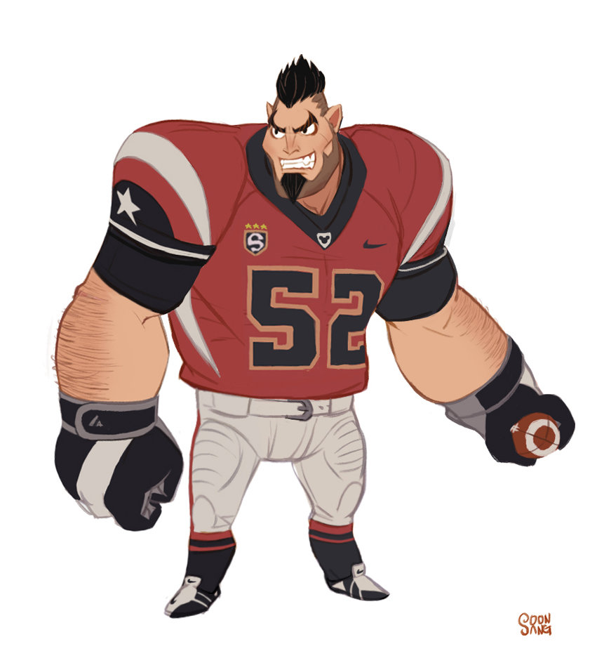 an illustration of a strong football player character with a determined expression. he's wearing a red and white uniform with the number 52, black gloves, and white pants. the background is plain white.