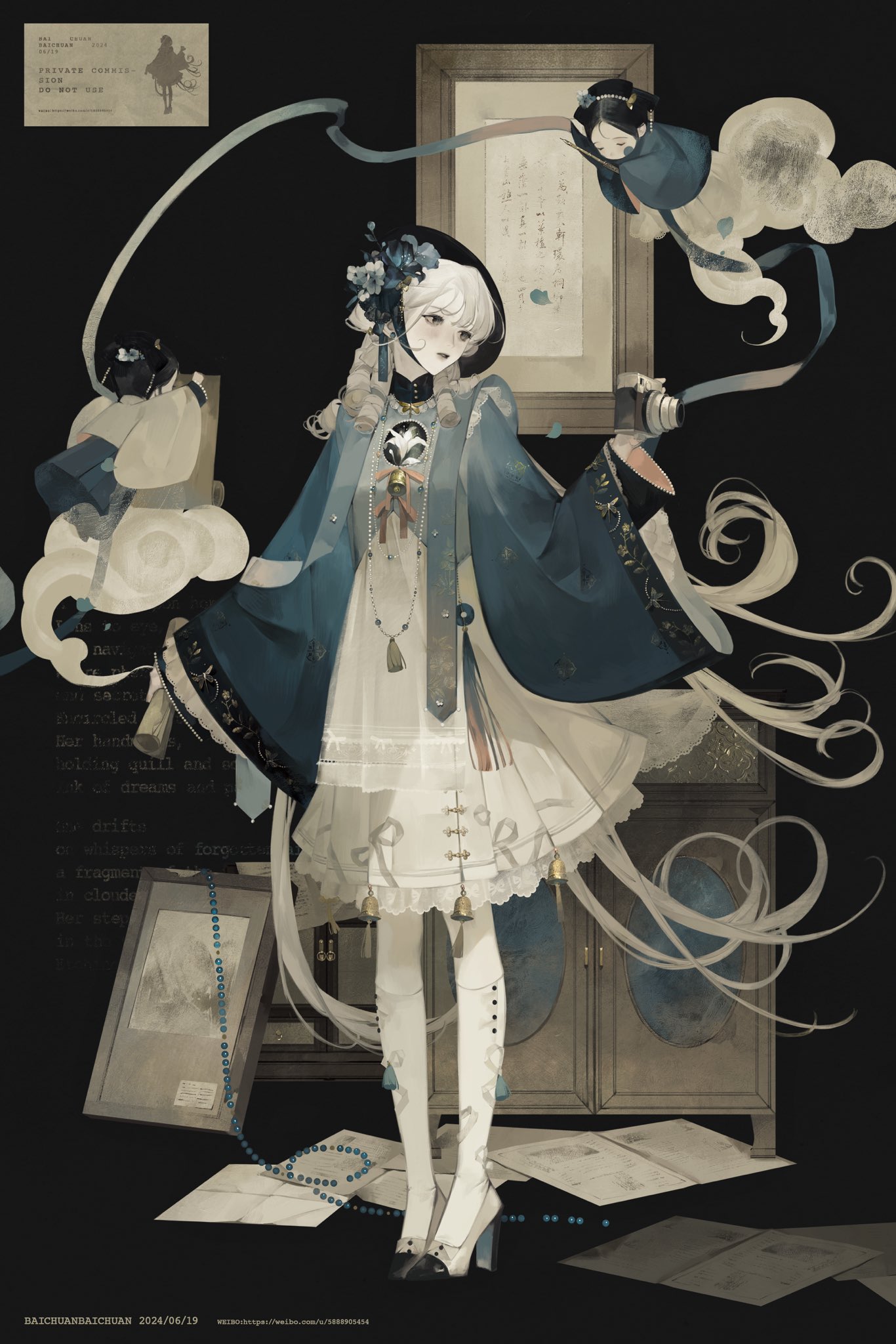 an anime girl with long white hair, blue eyes, and a white dress with a blue coat is holding a camera. she is surrounded by white clouds and blue ribbons. there are also some traditional asian paintings in the background. this is a digital painting with a whimsical and magical style.