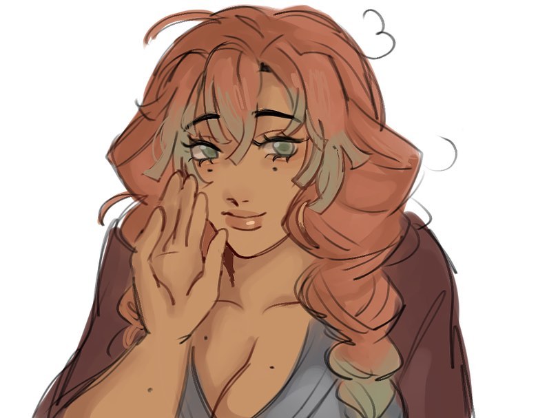the image is a digital drawing or painting in a loose, expressive style, reminiscent of anime or manga art. it depicts a young woman with long, wavy pink and lightgreen hair. she has green eyes and a warm, peachtoned complexion.  her expression is coy and slightly smiling, and she is touching her face with one hand. she's dressed in a simple, loosefitting garment that shows some cleavage. the art style is soft and painterly, with visible brushstrokes and a focus on capturing a mood rather than strict realism. the overall tone is warm and inviting.