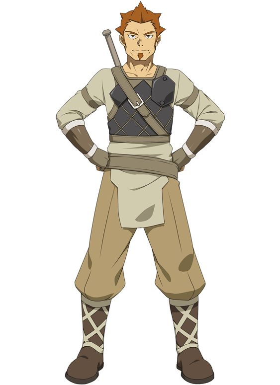 this is a digital illustration of a male anime character with red hair and a beard wearing armor and holding a sword. he is standing with his arms crossed. the background is white. the image is in a japanese anime style.