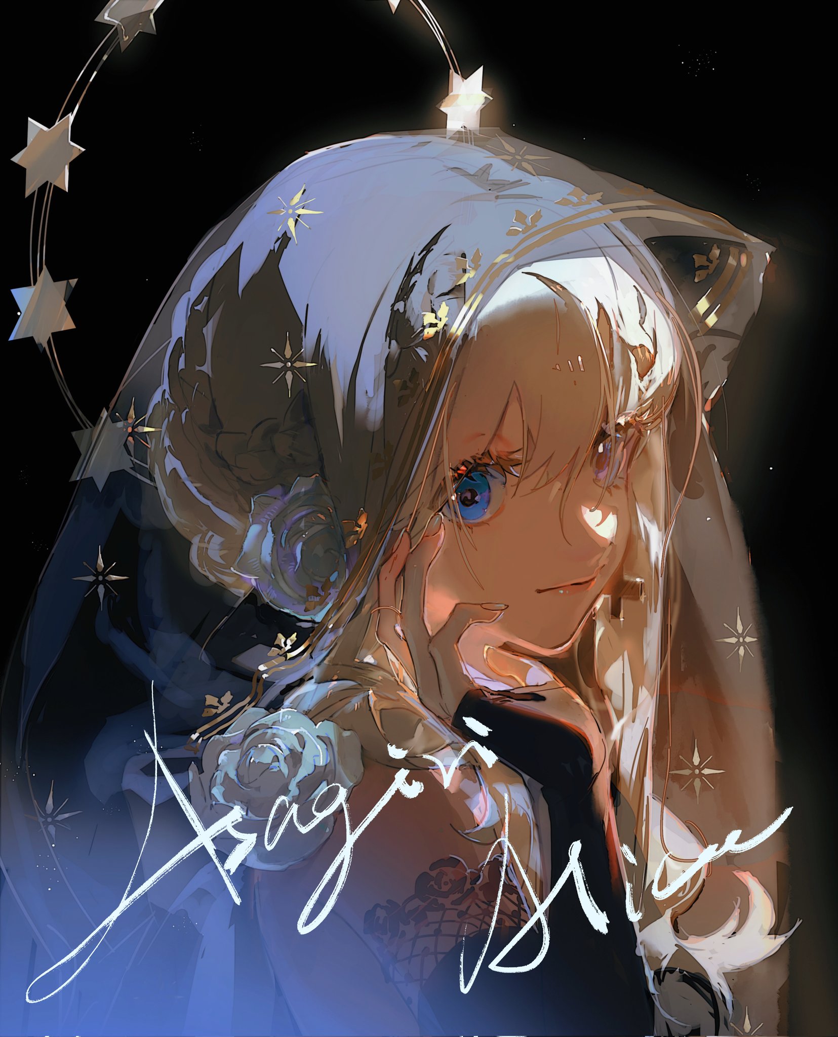 the image showcases a captivating portrait of an anime girl with striking blue eyes and flowing white hair. a translucent veil adorned with stars delicately covers her head, adding an ethereal touch.  she gently touches her face with a gloved hand, showcasing an intricate tattoo design.  the overall composition exudes a sense of magic and wonder, heightened by the soft lighting that illuminates the girl's features and the starry accents.