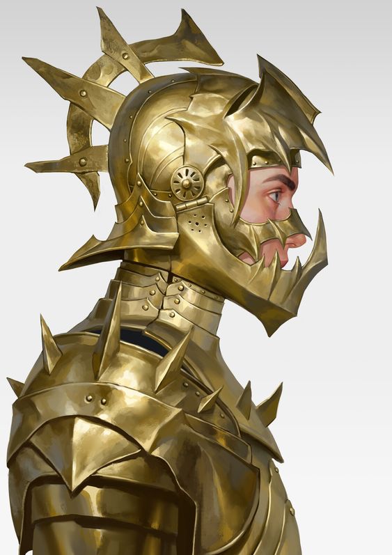 a digital painting of a man wearing ornate gold armor. the helmet has a spiked halo and a toothy lower faceplate.  the pauldrons and gorget of the armor are also spiked.