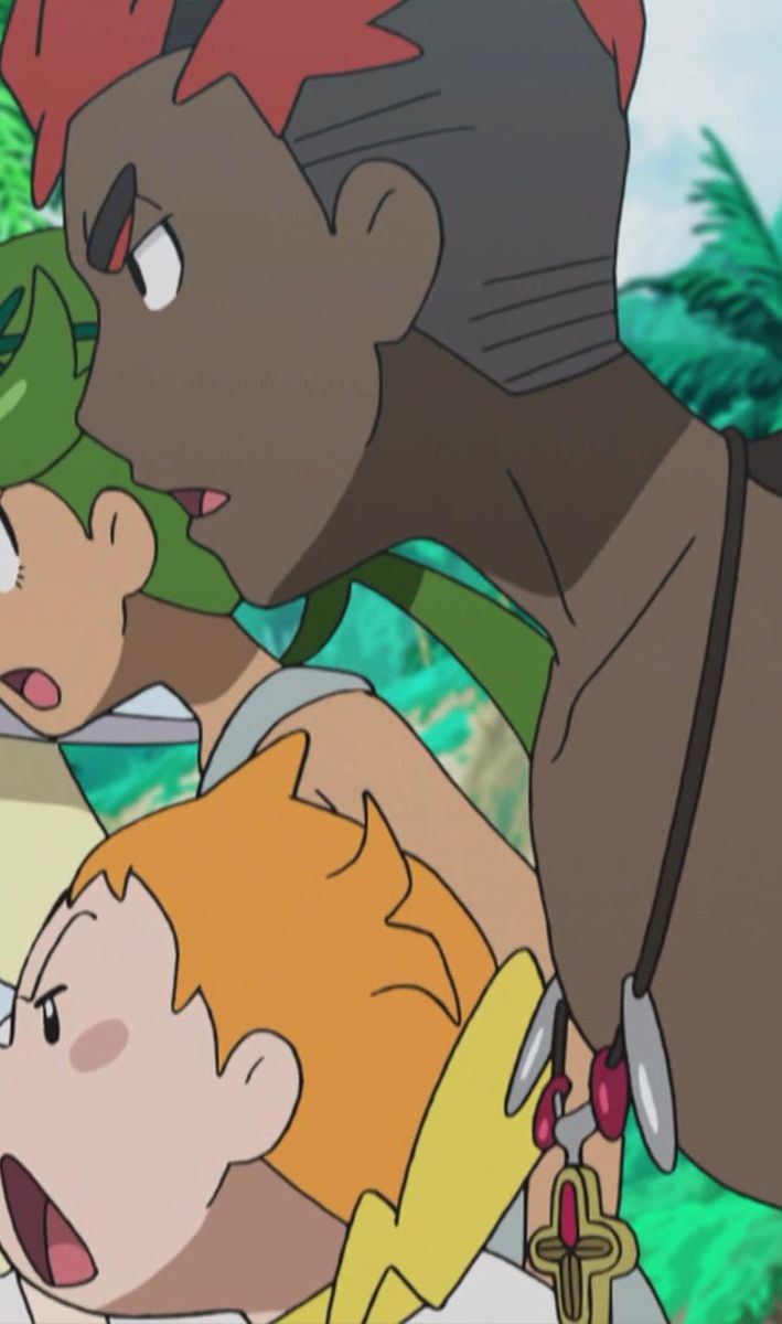 a closeup shot of a young man with red hair and a green necklace, standing behind two young children. the girl on the left has green hair and is wearing a white shirt, while the boy on the right has orange hair and is wearing a yellow shirt. the background is a green forest. the man is looking at the girl on the left and seems to be talking to her. the girl is looking at the man and seems to be surprised. the boy is looking at the man and seems to be interested in what he is saying.