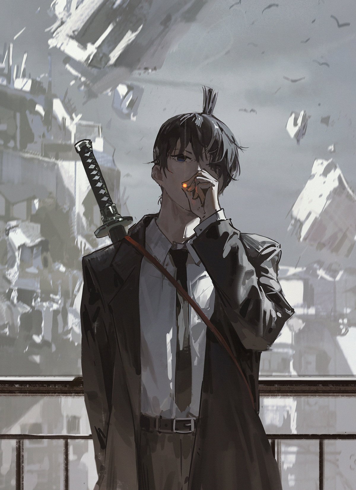 a detailed anime illustration of a male character in a suit smoking a cigarette. he is wearing a black jacket, a tie, and his pants. he is holding a katana sword in his right hand and the sword is strapped to his body. the background is a dystopian cityscape with grey ruins and buildings. there is a sense of mystery and intrigue about this character.