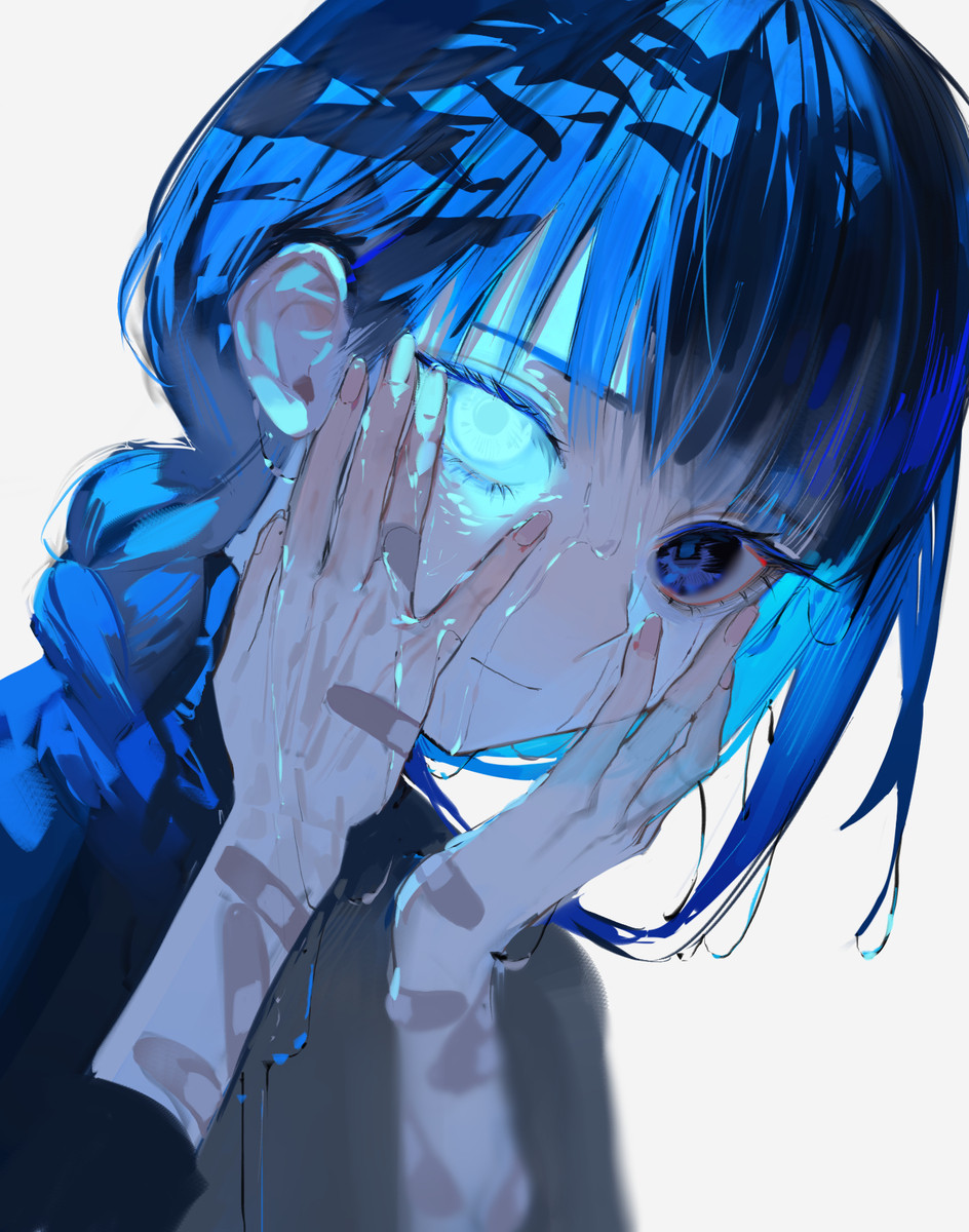 the image depicts an animestyle girl with blue hair, covering her face with her hands. one of her eyes is glowing brightly, while the other one is visible and dark. she appears to be crying. she is wearing dark clothing and the background is white.