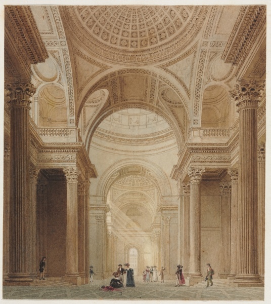 the image is a watercolor painting depicting the interior of a grand neoclassical building. the scene showcases a series of towering columns that support ornate arches and domes. light streams in through an opening, illuminating a group of people gathered in the center of the space. the artwork captures the architectural grandeur and historical atmosphere of the building's interior.