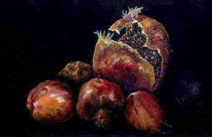 a still life of pomegranates, some halved, and whole on a dark background.  the texture of the fruit and the deep reds of the pomegranate create a striking visual.  the background is dark, focusing attention on the subject.