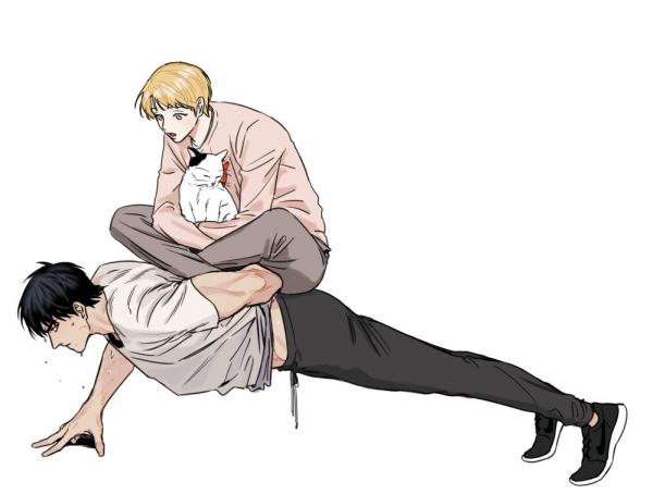 the illustration depicts two young men. one man is doing a plank or pushup, while the other sits on his back, holding a small white cat. the man doing the exercise wears dark grey or black pants and a light grey/white shirt.  the man sitting on his back is wearing a light pink sweater and darker pants.  the scene is simple, with a plain white background focusing attention on the figures. the style suggests manga or anime influence.  the overall mood is light and playful, implying a close relationship between the two men.