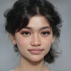 a portrait of a young woman with dark hair and brown eyes. she has a natural makeup look and soft lighting is used to create a delicate and feminine feel. the focus is on her face and its delicate features.
