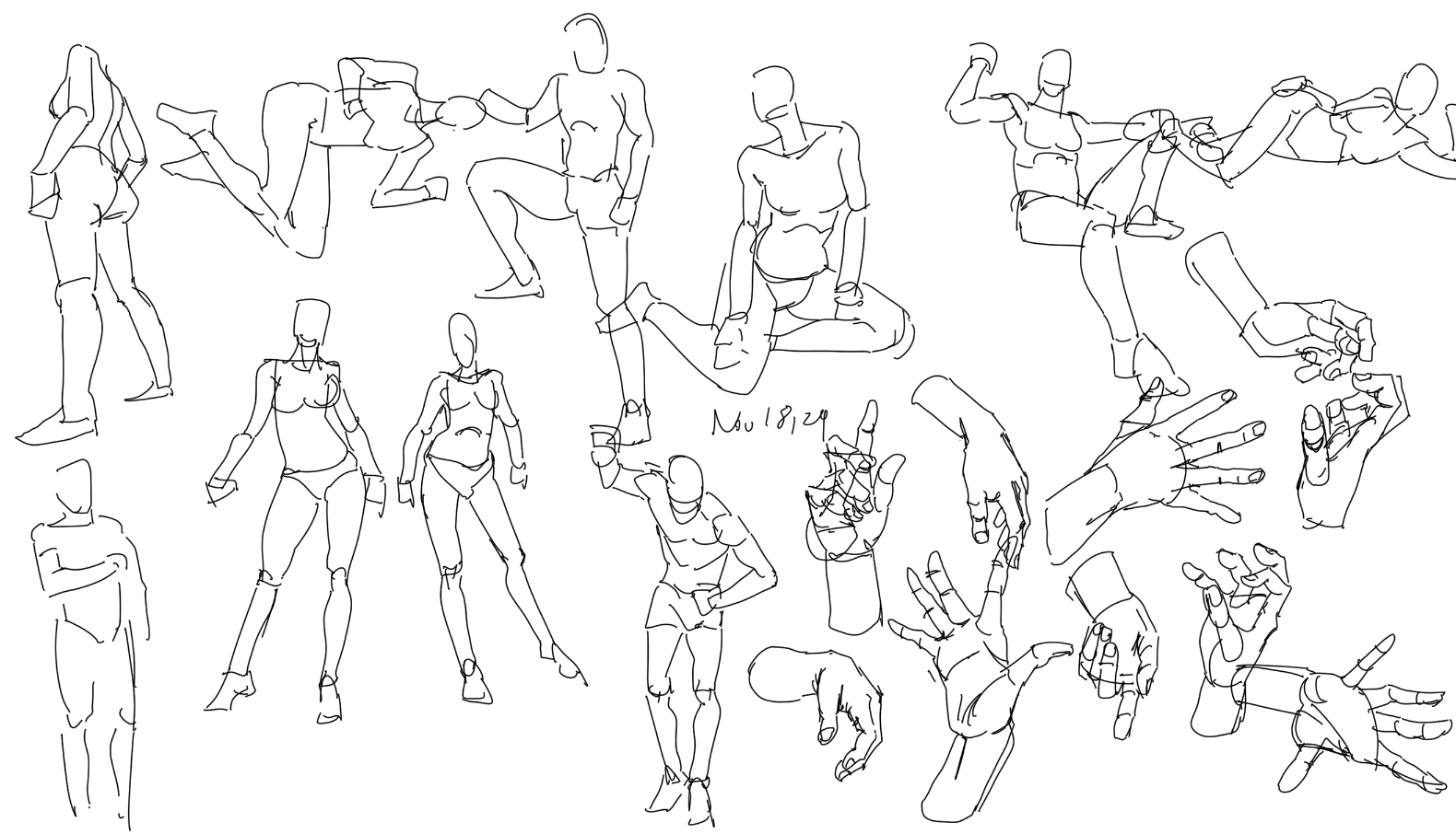 the image contains a collection of quick sketches focusing on figure and hand studies.  multiple human figures are depicted in various poses, some dynamic and some more relaxed.  there's a strong emphasis on capturing movement and gesture through minimal lines. the hand studies show a variety of positions and perspectives, also drawn with loose, expressive lines. the style is consistent throughout, using a sketchy, unfinished look that highlights the process of drawing rather than photorealism.  the overall impression is one of energetic exploration of form and movement.