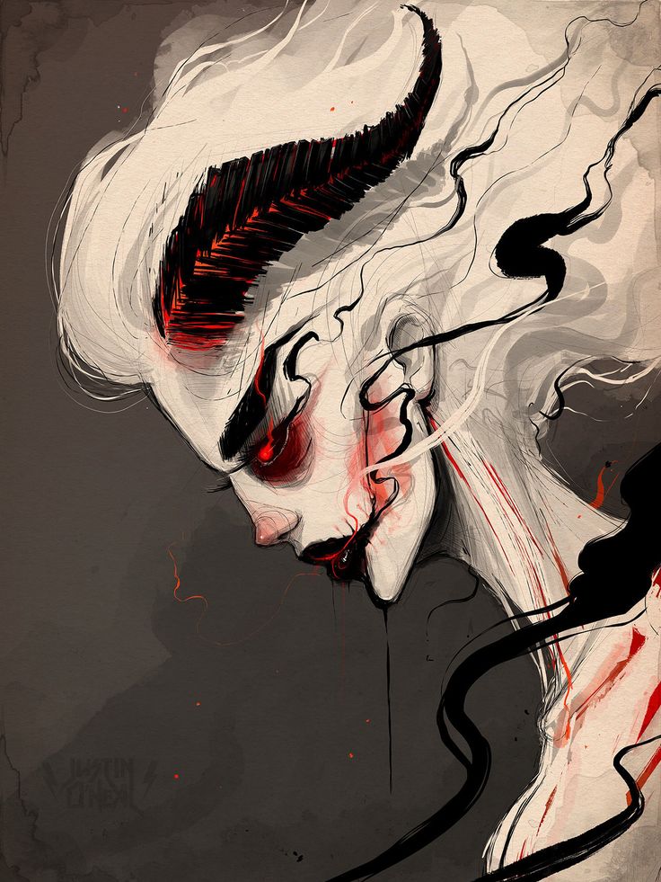 a digital drawing of a scary, female demonic creature with horns, red eyes, a cruel mouth, and bloody streaks down her pale skin. the demon is wearing a black and red costume with a flowing black cape. the background is a dark gray with red accents, highlighting the eerie nature of the artwork.