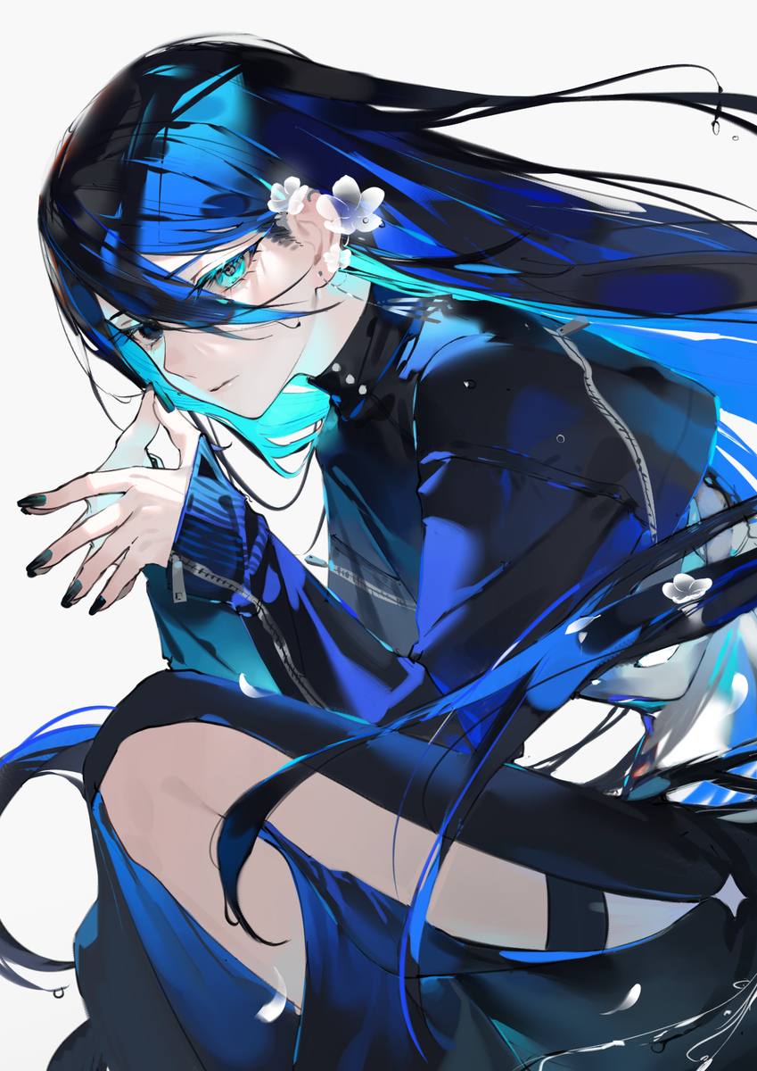 anime style illustration of a female character with long blue hair, black clothing, and white flowers in her hair. she has fair skin and dark nails, and she is depicted in a side profile.
