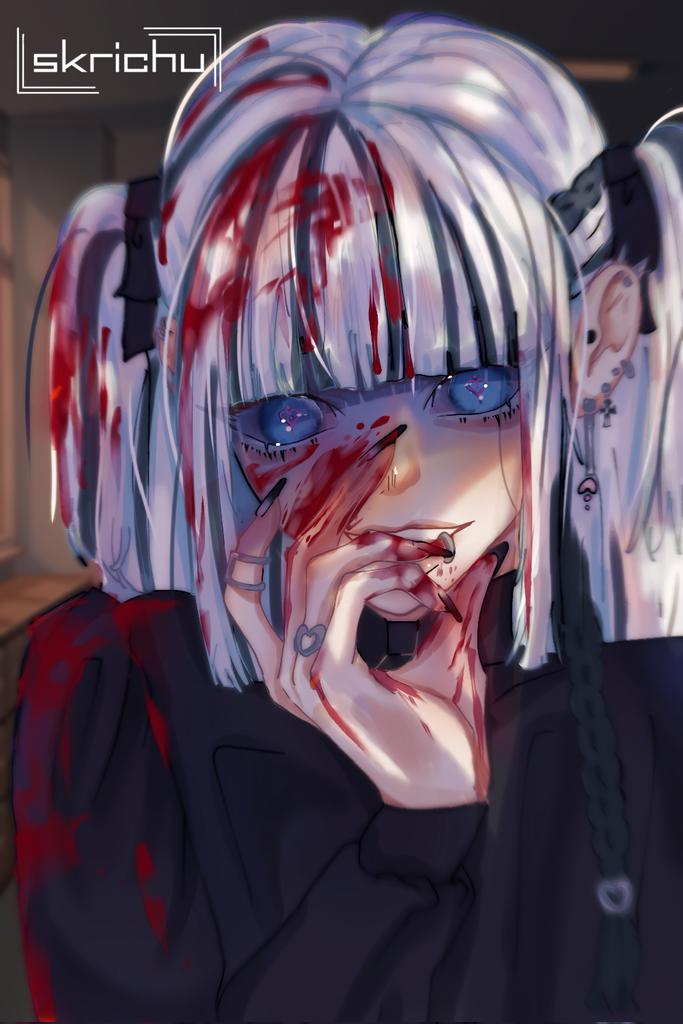 this is a digital illustration of an anime girl with white hair and blue eyes. she is covered in blood and has a look of pain and fear on her face. she is wearing black clothing and has a variety of piercings.