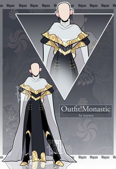 the image showcases a fashion design labeled "outfit!monastic". it features two figures, frontfacing, with the same outfit: a long white robe with a high collar and gold accents, a black tunic underneath with gold patterns, and a black belt.  the figures are bald and have no facial features, allowing focus on the outfit details. the background is a textured grey with a white triangle framing the figures.