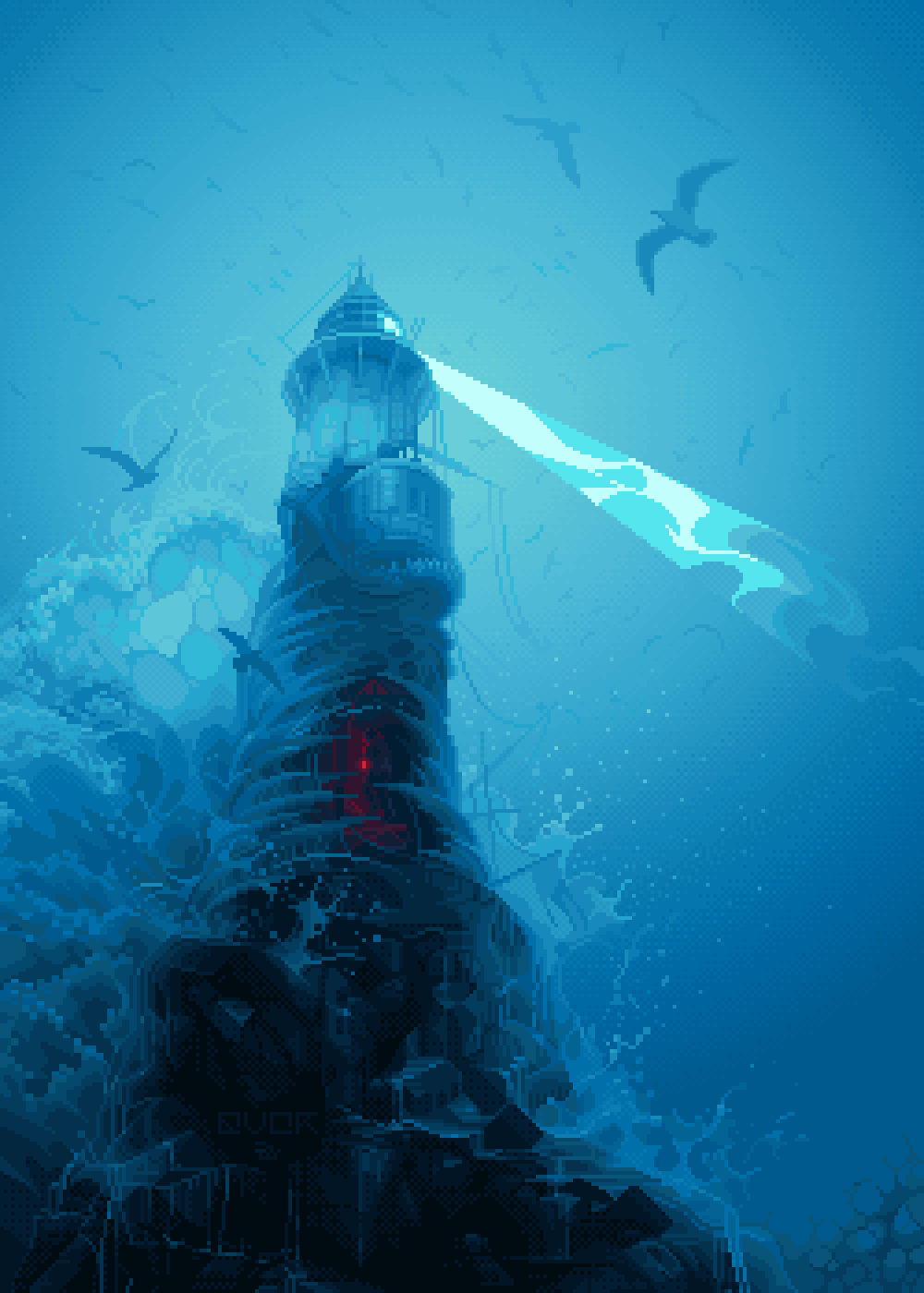 the image is a digital artwork depicting an underwater lighthouse.  the lighthouse is partially submerged, its stone structure covered in seaweed or similar growth.  a beam of light emanates from the top of the lighthouse, cutting through the dark, murky water. several seagulls are flying around.  the overall style is dark and mysterious, with a fantasy or surreal quality.  the water is depicted with splashes and movement suggesting waves. the style is reminiscent of pixel art with a painterly effect.  a red glow is visible inside the structure of the lighthouse.