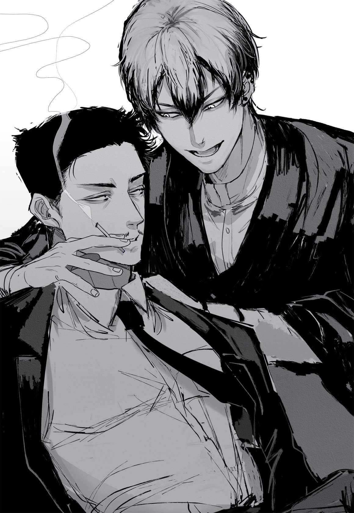 two men are leaning in on each other. the one in the front is smoking a cigarette. both are in suits. the scene is drawn in black and white and has a manga style.