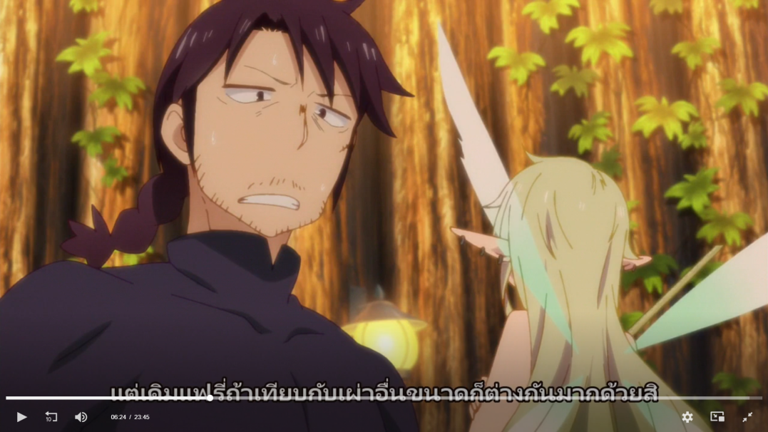 the image is a screen capture of an anime. the image shows two people talking to each other. on the left is a darkhaired man with a surprised or concerned expression, wearing a dark purple shirt. on the right is a young woman with long blonde hair, with only her back visible. she has large white wings and is wearing a light blue dress.  they are standing in a forest, surrounded by trees and plants. the trees are brown and the leaves are green. the image is brightly colored, with vibrant greens, blues, and browns. the characters are in a very animated pose, with the man's head tilted back and his mouth open, while the woman is leaning forward with her wings spread.
