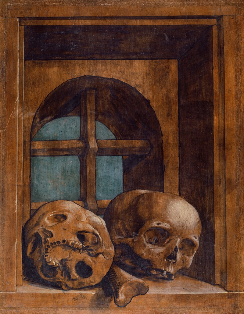 a still life painting featuring two skulls and a bone fragment displayed in front of a window within a wooden frame. the skulls are brown in color, with visible eye sockets, nasal cavities, and teeth. one skull is more intact, while the other is fractured and shows the lower jaw. a bone lies between the skulls. the window behind the skulls has an arched top and a crossshaped frame, revealing a blueish background. the entire scene is framed by a simple, dark wooden structure, suggesting a niche or cabinet. the overall tone is somber and reflective, characteristic of a memento mori.