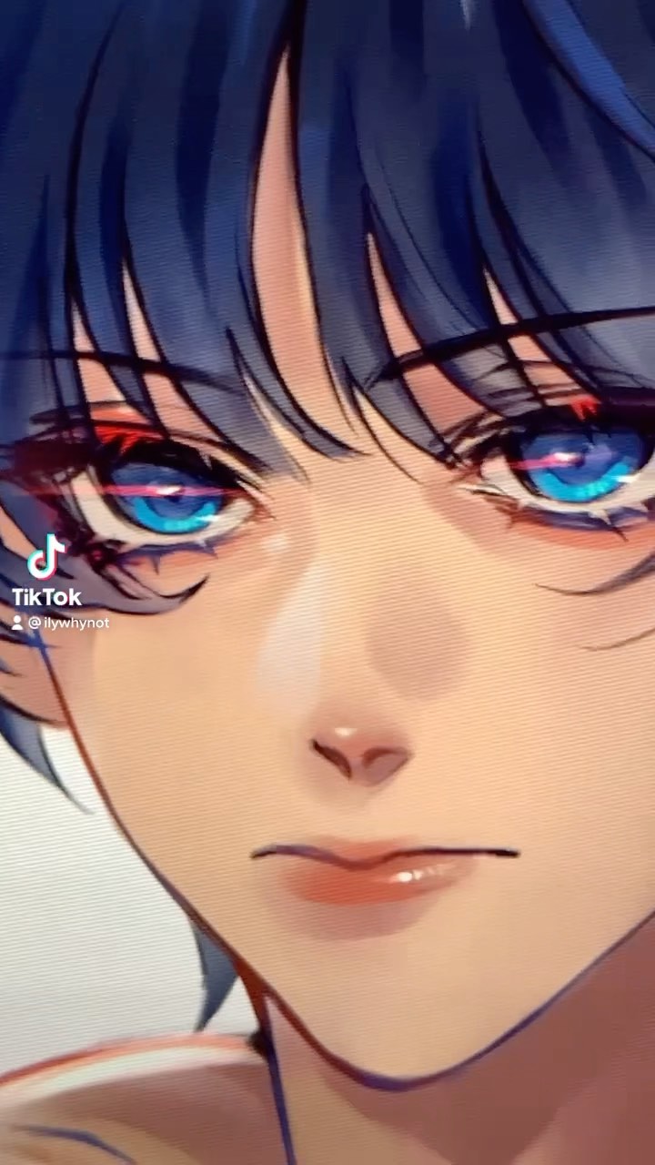 the image is a closeup digital drawing or painting of an animestyle boy.  he has dark blue hair, bright blue eyes, and a soft, almost realistic facial rendering. the style is a blend of traditional anime features with a more realistic approach to skin texture and shading.  the artwork is clean and aesthetically pleasing, with a focus on the character's face and expression. a tiktok watermark is visible in the corner, indicating the artwork's origin or possible sharing platform. the background is simple and unfocused, drawing all attention to the character's features.